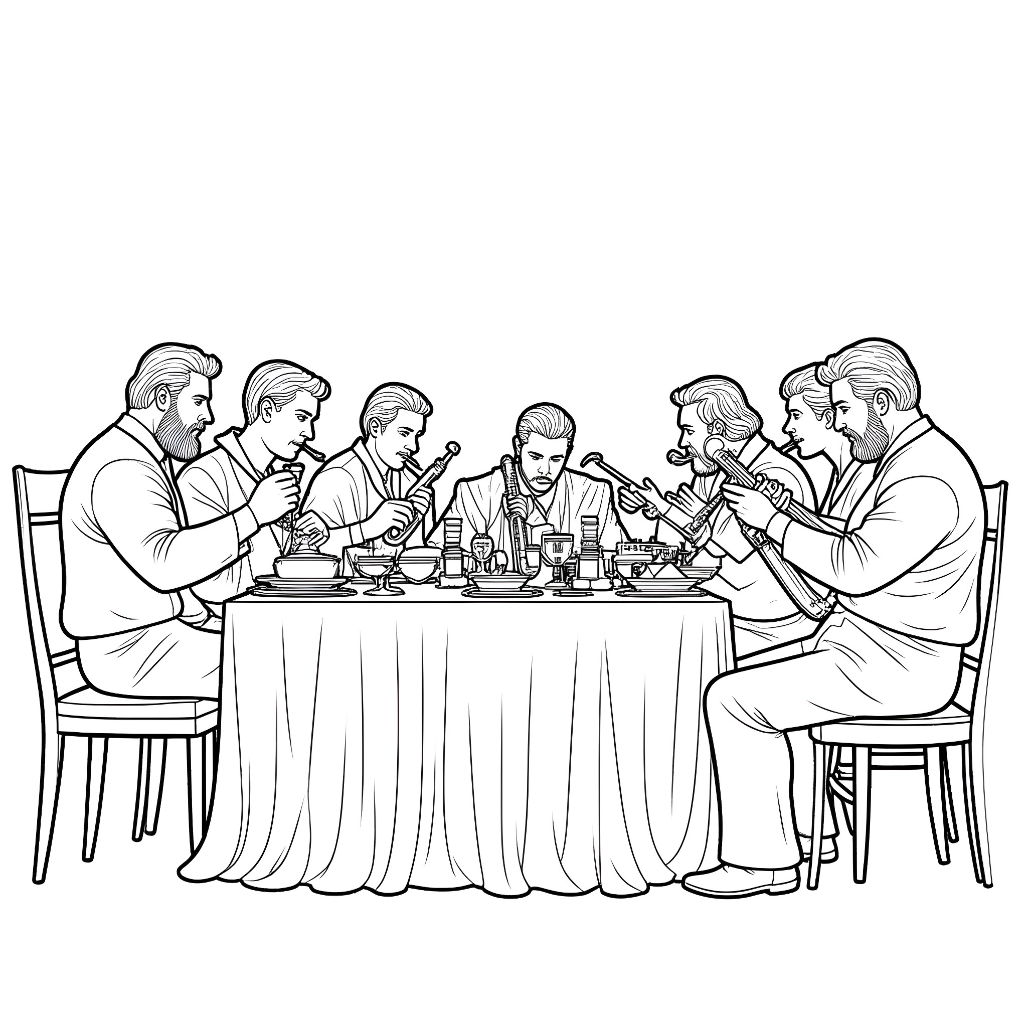 Musician friends enjoying a lively meal together Coloring Page (free black-and-white line drawing printable PDF for all, from beginners to advanced learners, including children, teens, adults, and seniors)