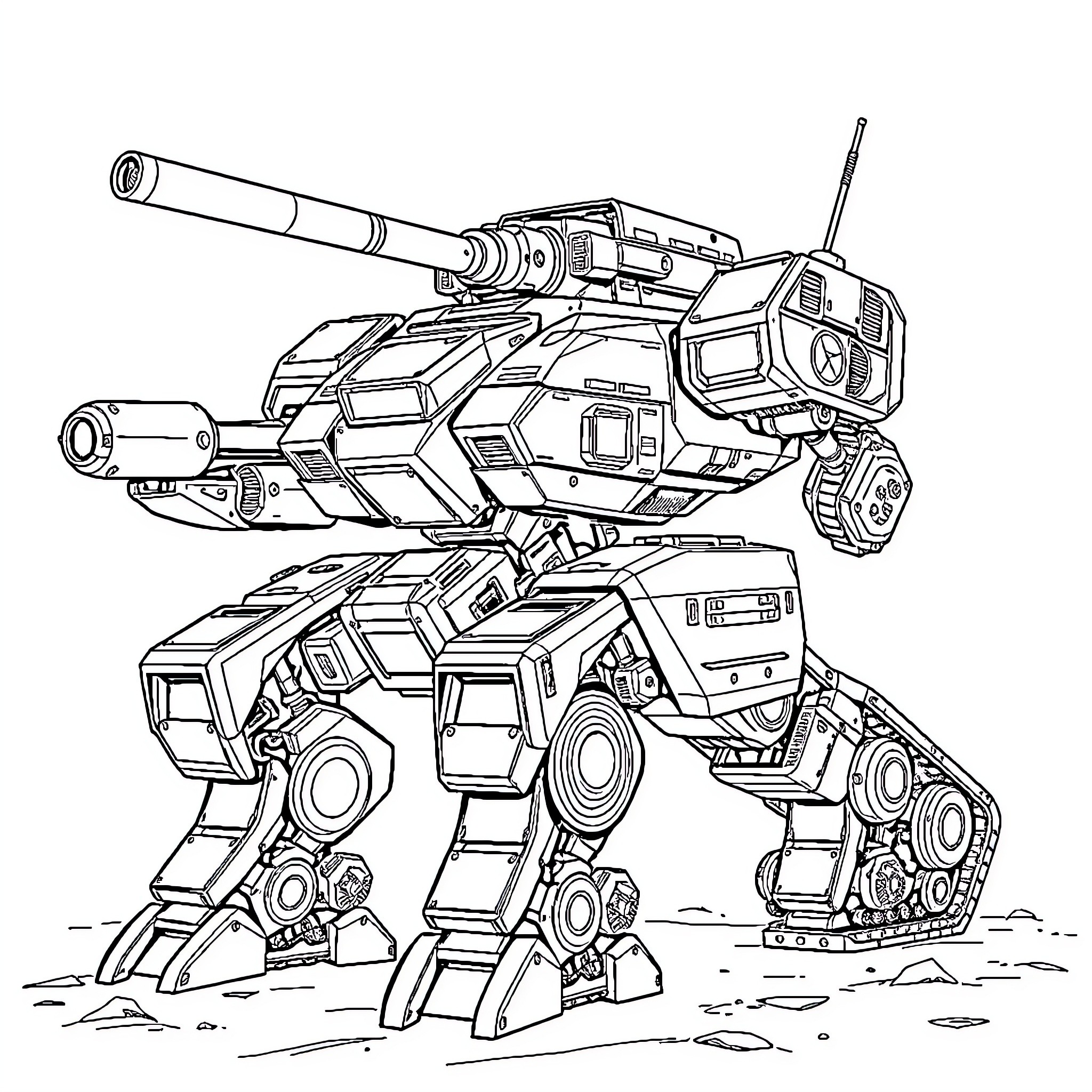 Mech Warrior Battle-Ready in the Field Coloring Page (free black-and-white line drawing printable PDF for all, from beginners to advanced learners, including children, teens, adults, and seniors)
