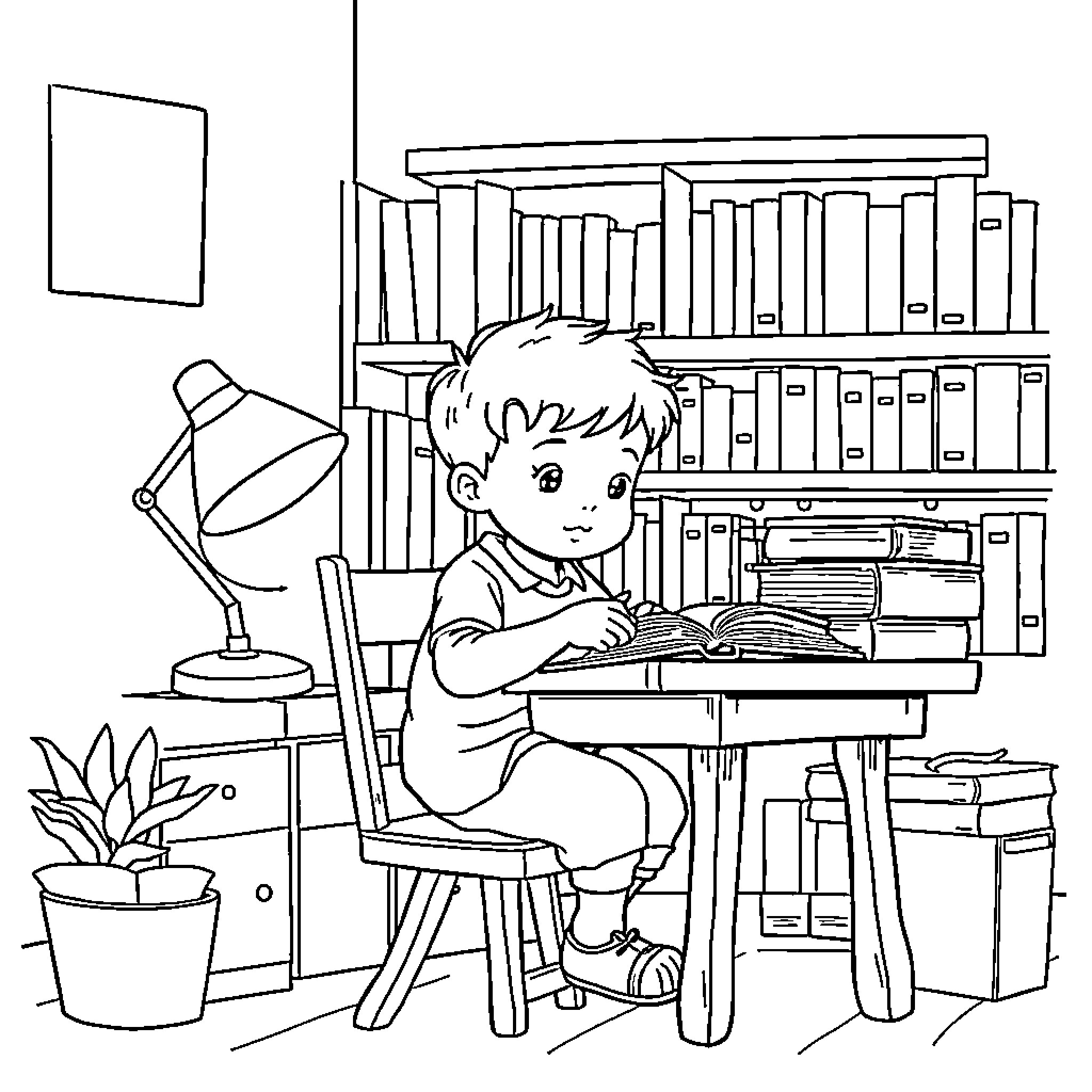 Child Reading and Learning in Library Coloring Page (free black-and-white line drawing printable PDF for all, from beginners to advanced learners, including children, teens, adults, and seniors)