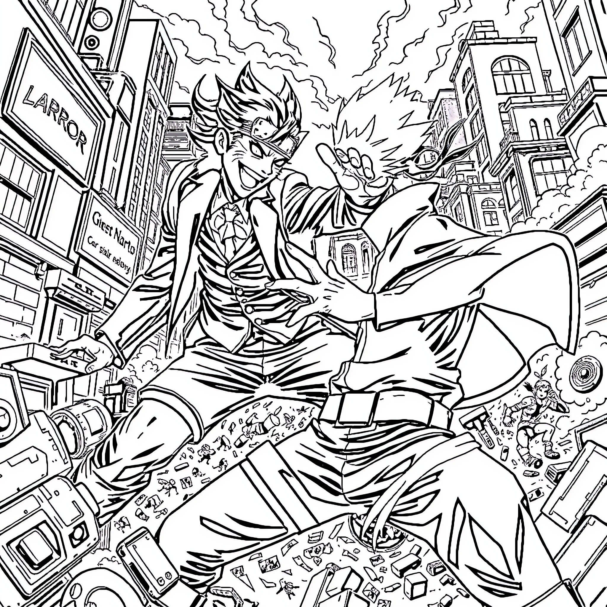 Joker causing chaos and destruction in the city Coloring Page (free black-and-white line drawing printable PDF for all, from beginners to advanced learners, including children, teens, adults, and seniors)