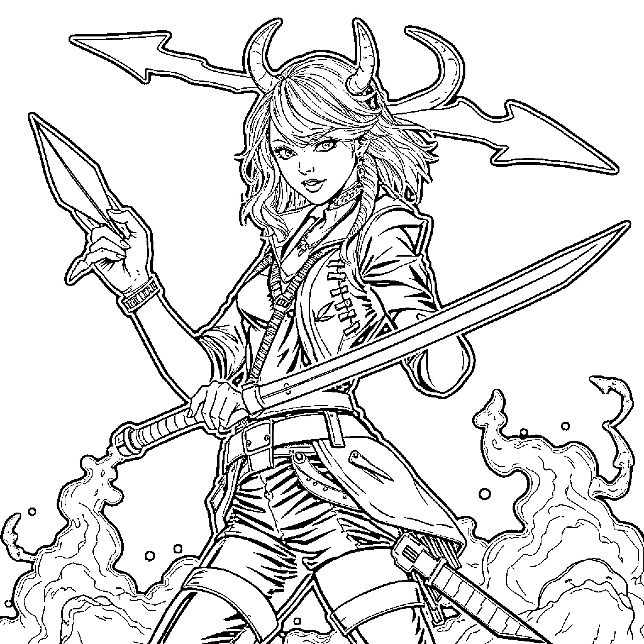 Taylor Swift as a Demon Warrior in Action Coloring Page (free black-and-white line drawing printable PDF for all, from beginners to advanced learners, including children, teens, adults, and seniors)