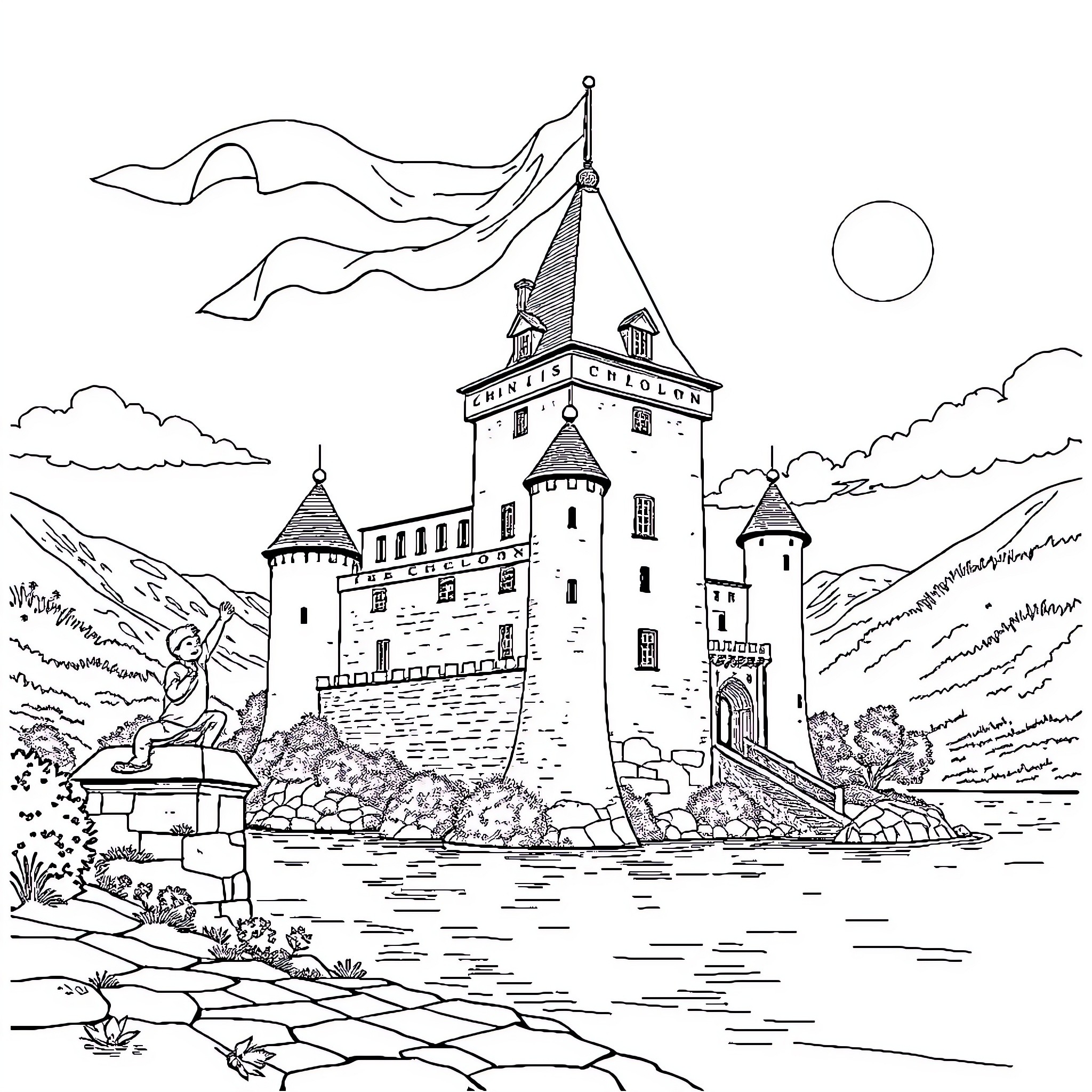 Château with Majestic Towers and Flowing Flags Coloring Page (free black-and-white line drawing printable PDF for all, from beginners to advanced learners, including children, teens, adults, and seniors)