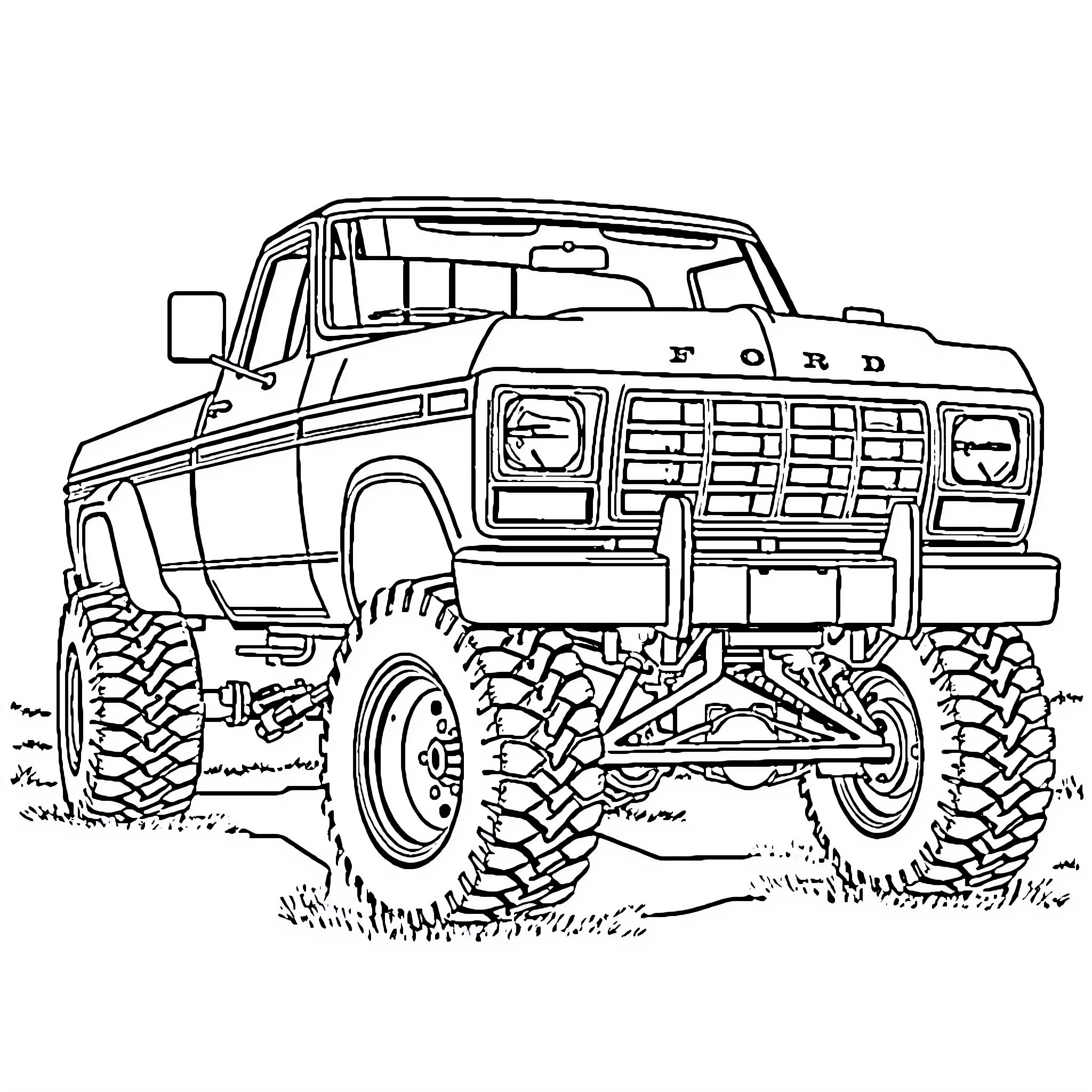 Ford F350 off-road truck in rugged terrain Coloring Page (free black-and-white line drawing printable PDF for all, from beginners to advanced learners, including children, teens, adults, and seniors)