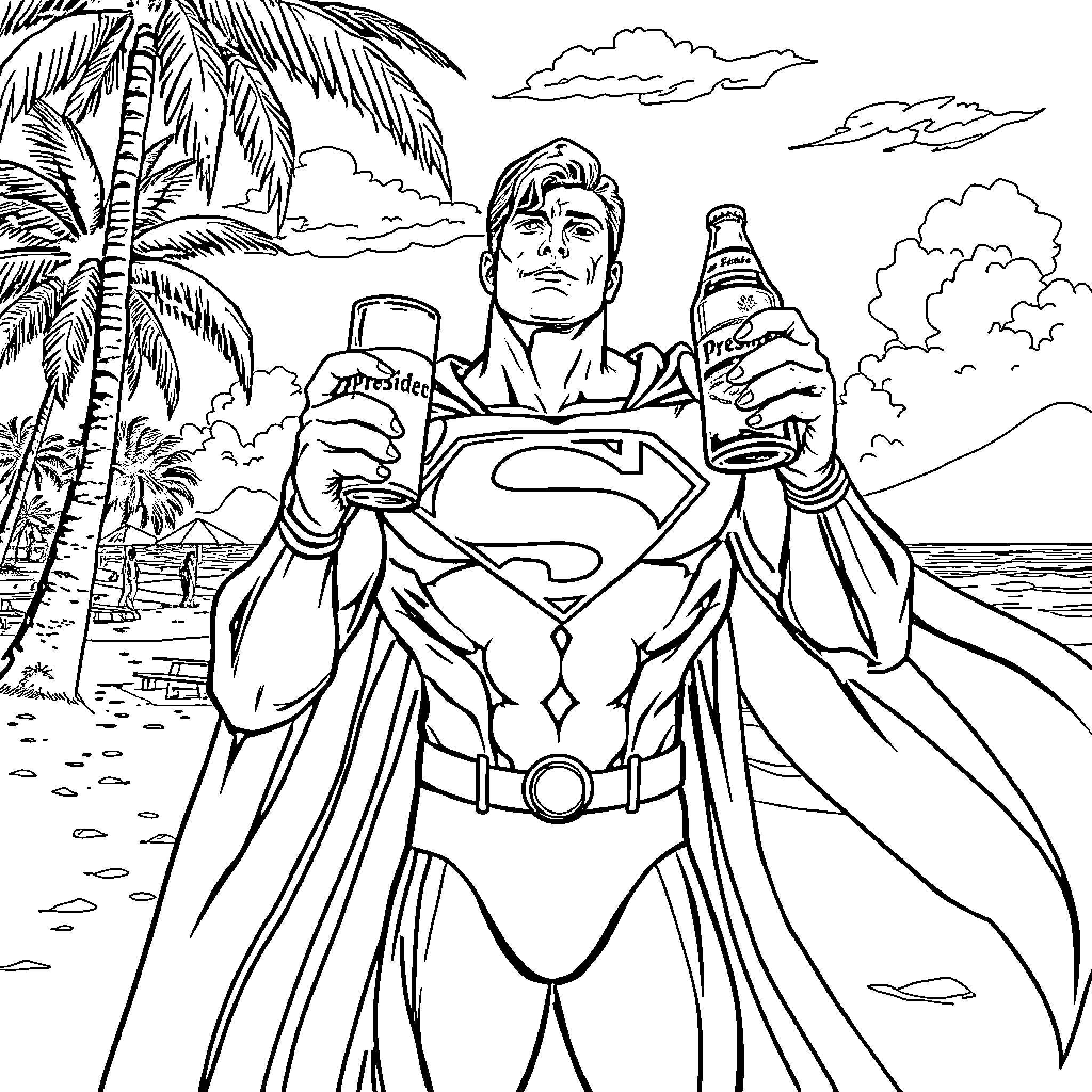 Superman relaxing on the beach with a beverage Coloring Page (free black-and-white line drawing printable PDF for all, from beginners to advanced learners, including children, teens, adults, and seniors)