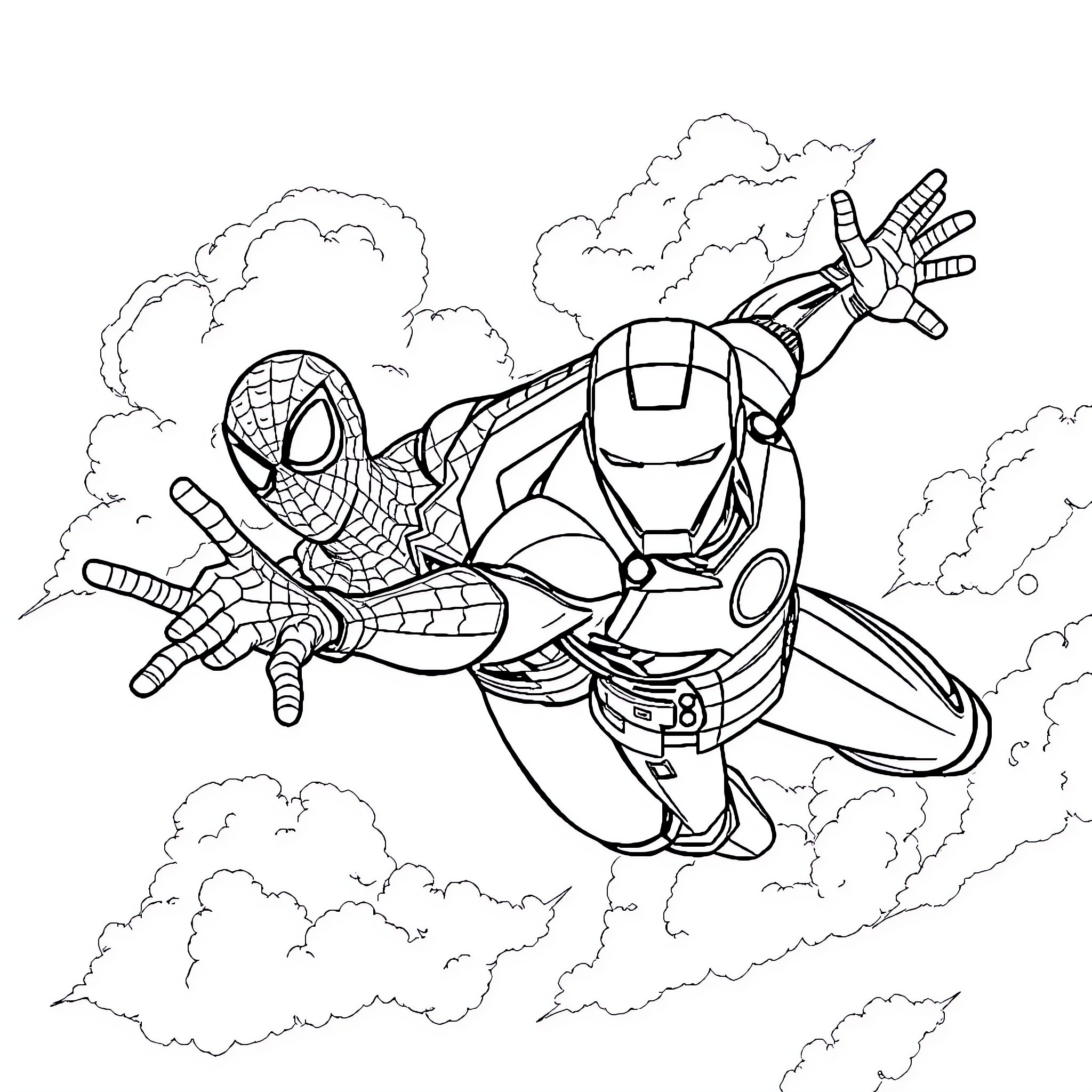 Spider-Man and Iron Man soaring through the sky Coloring Page (free black-and-white line drawing printable PDF for all, from beginners to advanced learners, including children, teens, adults, and seniors)