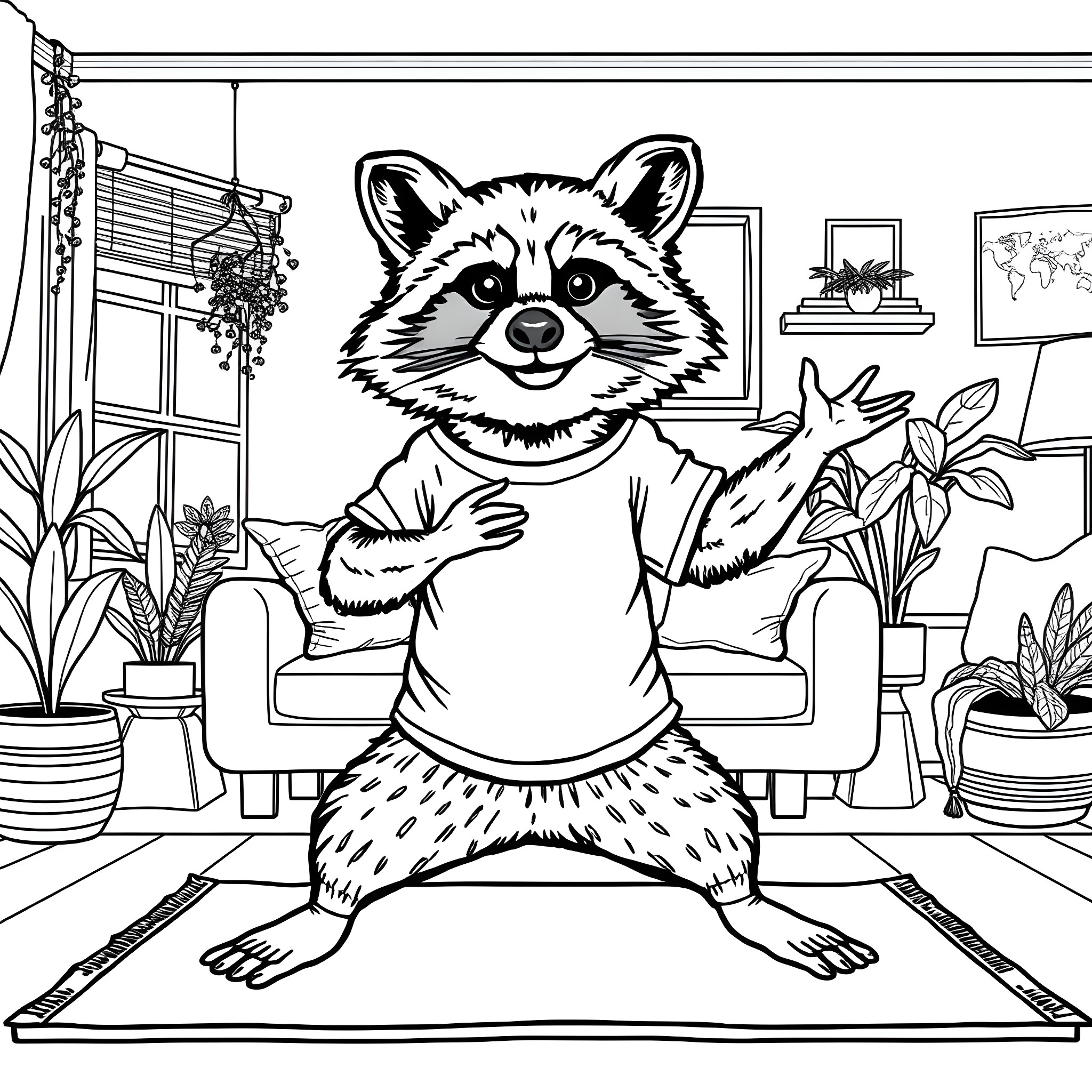 Raccoon practicing yoga in a cozy indoor setting Coloring Page (free black-and-white line drawing printable PDF for all, from beginners to advanced learners, including children, teens, adults, and seniors)