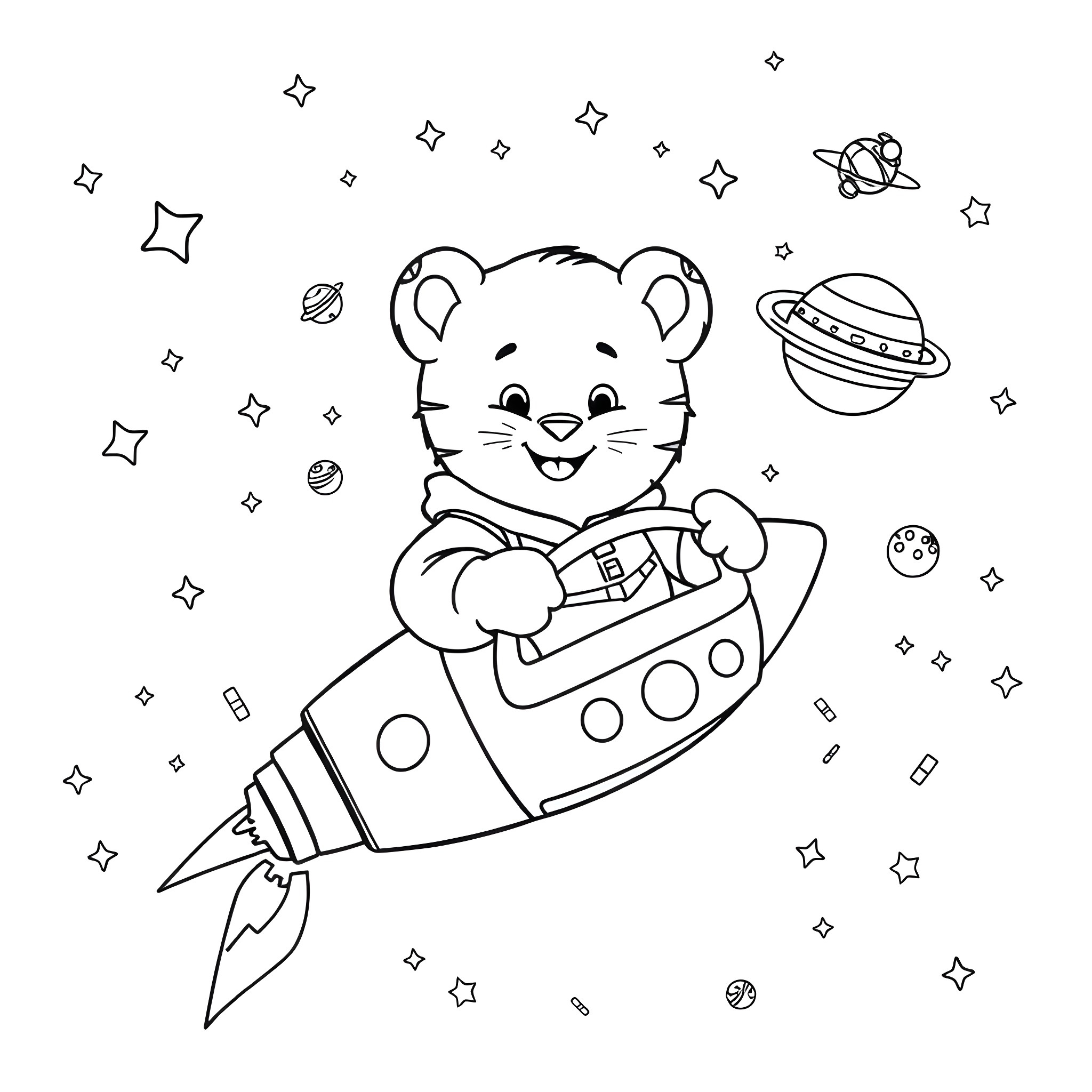 Daniel Tiger riding in a rocket ship among the stars Coloring Page (free black-and-white line drawing printable PDF for all, from beginners to advanced learners, including children, teens, adults, and seniors)