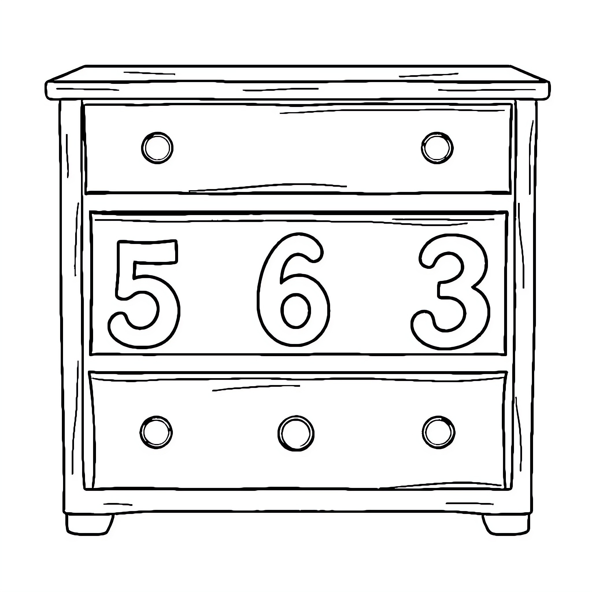 Chest of Drawers with Numbered Panels Coloring Page (free black-and-white line drawing printable PDF for all, from beginners to advanced learners, including children, teens, adults, and seniors)