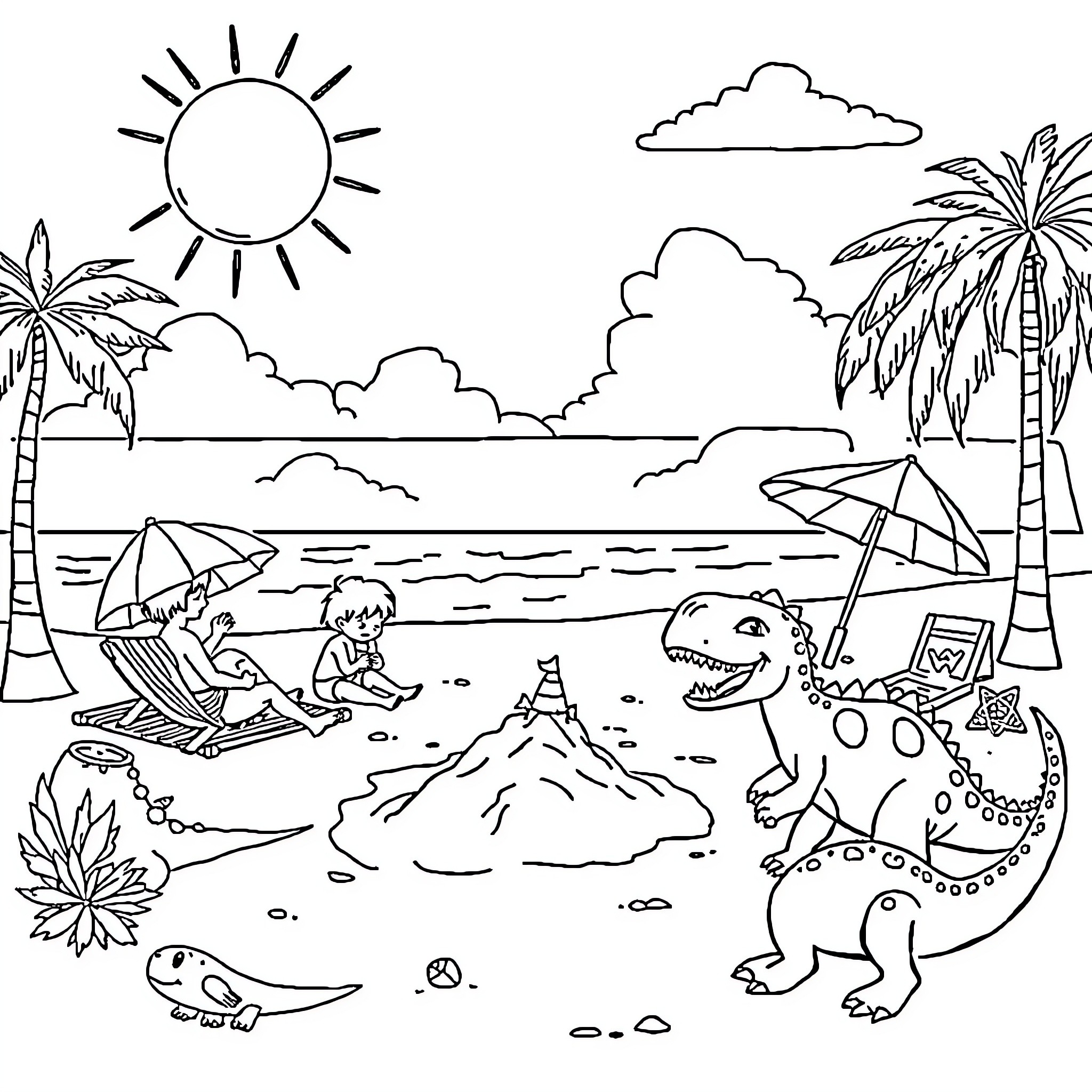 Dino playing on the sunny beach with friends Coloring Page (free black-and-white line drawing printable PDF for all, from beginners to advanced learners, including children, teens, adults, and seniors)