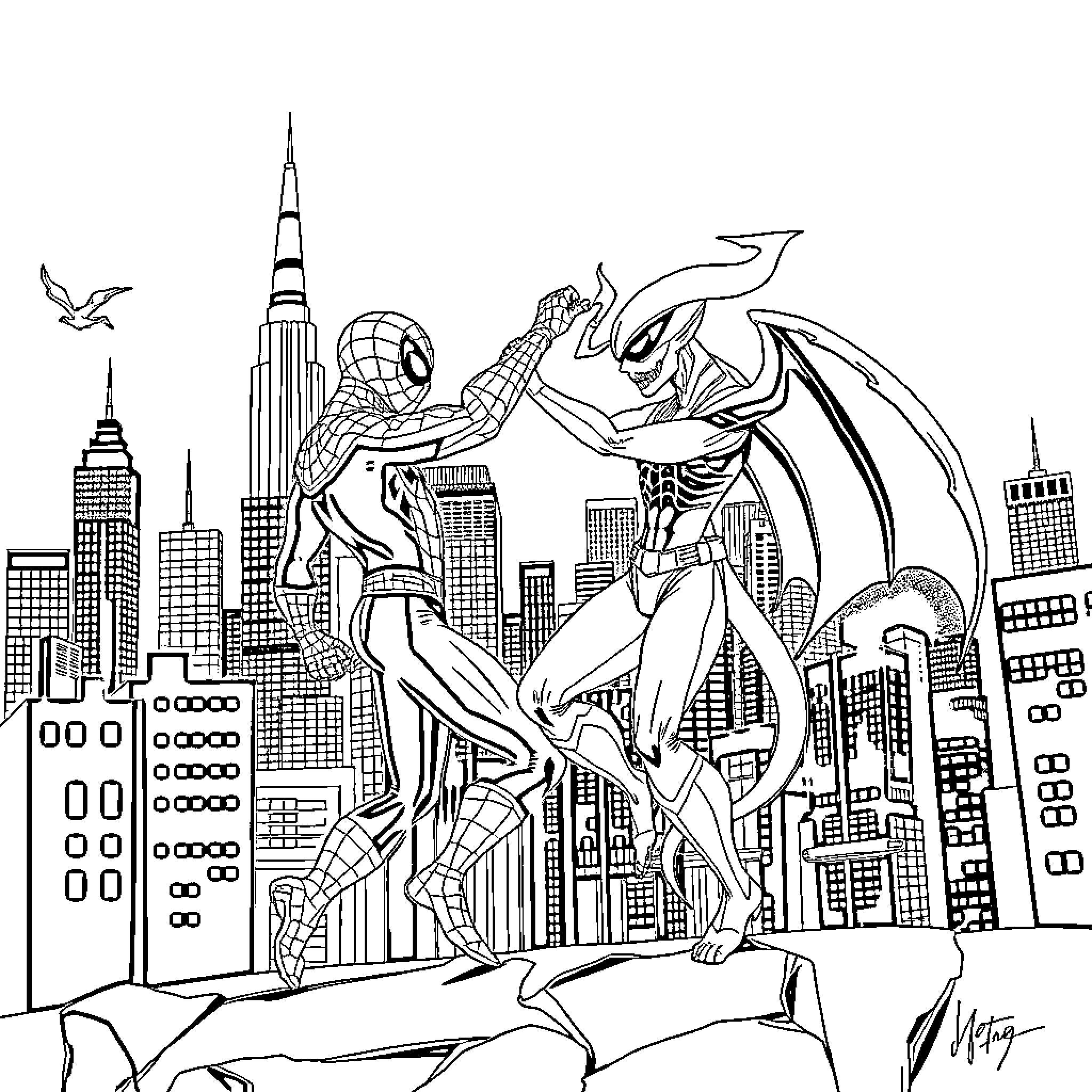 Spiderman confronting a villainous creature in the city Coloring Page (free black-and-white line drawing printable PDF for all, from beginners to advanced learners, including children, teens, adults, and seniors)