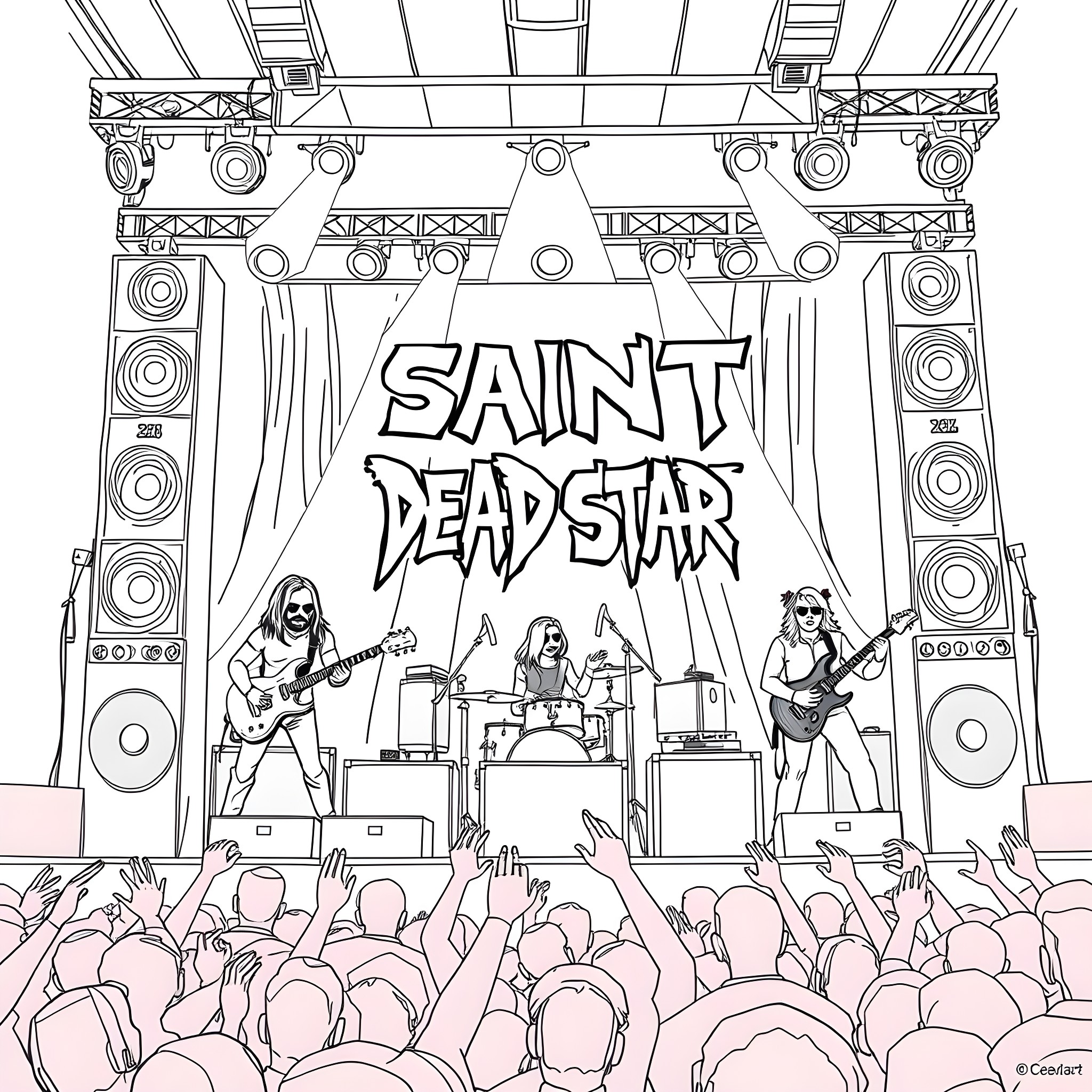 Band performing on stage with crowd Coloring Page (free black-and-white line drawing printable PDF for all, from beginners to advanced learners, including children, teens, adults, and seniors)