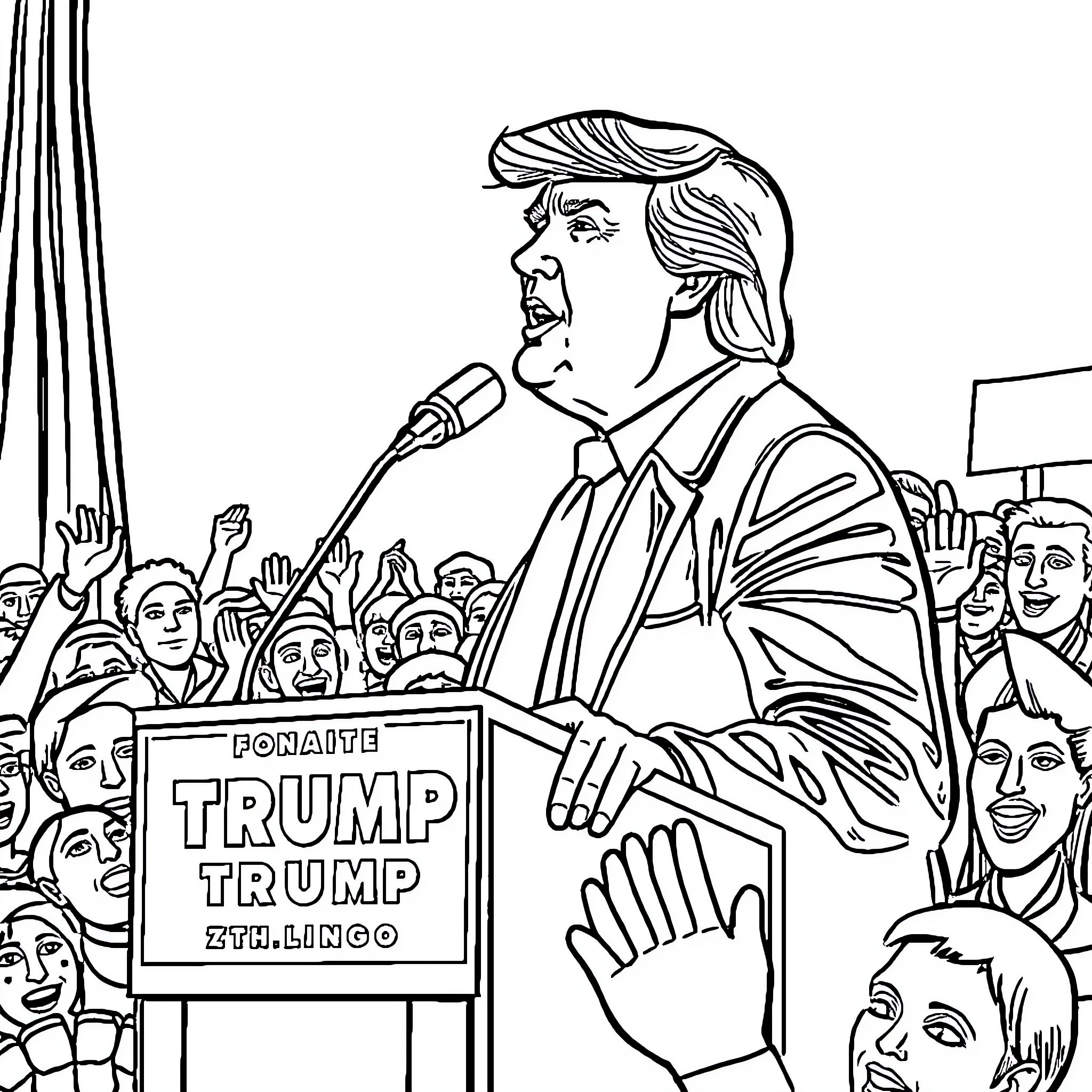 Donald Trump Addressing Enthusiastic Supporters at a Rally Coloring Page (free black-and-white line drawing printable PDF for all, from beginners to advanced learners, including children, teens, adults, and seniors)