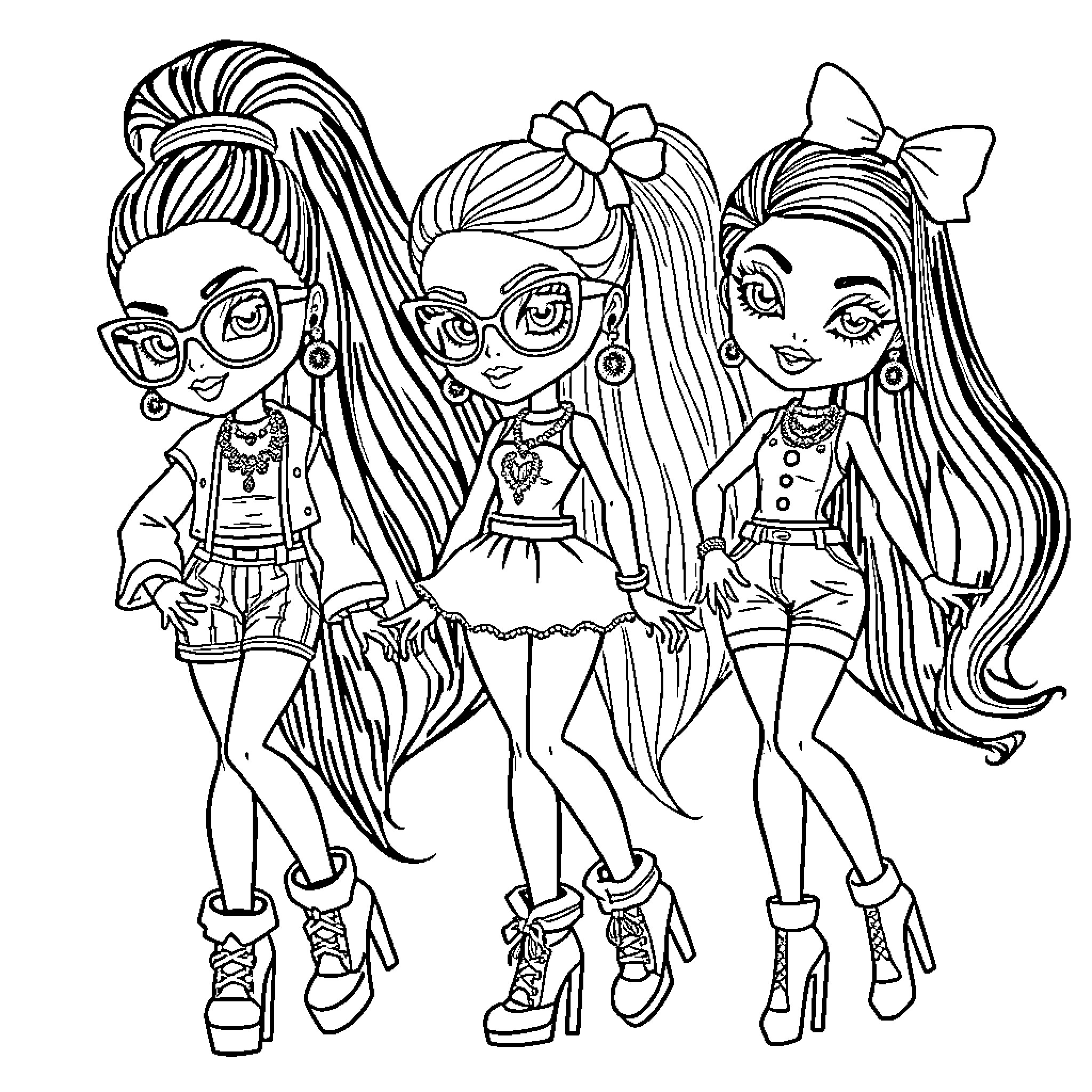 Bratz Girls in Stylish Outfits and Poses Coloring Page (free black-and-white line drawing printable PDF for all, from beginners to advanced learners, including children, teens, adults, and seniors)