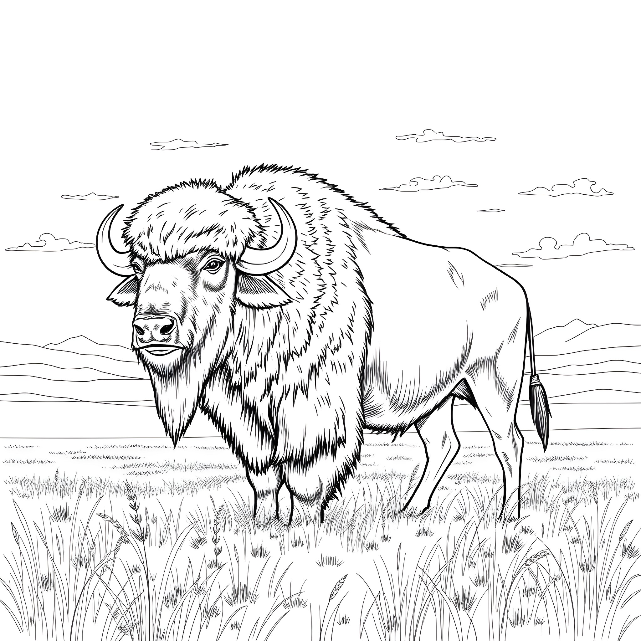 Buffalo standing tall in grassy field Coloring Page (free black-and-white line drawing printable PDF for all, from beginners to advanced learners, including children, teens, adults, and seniors)
