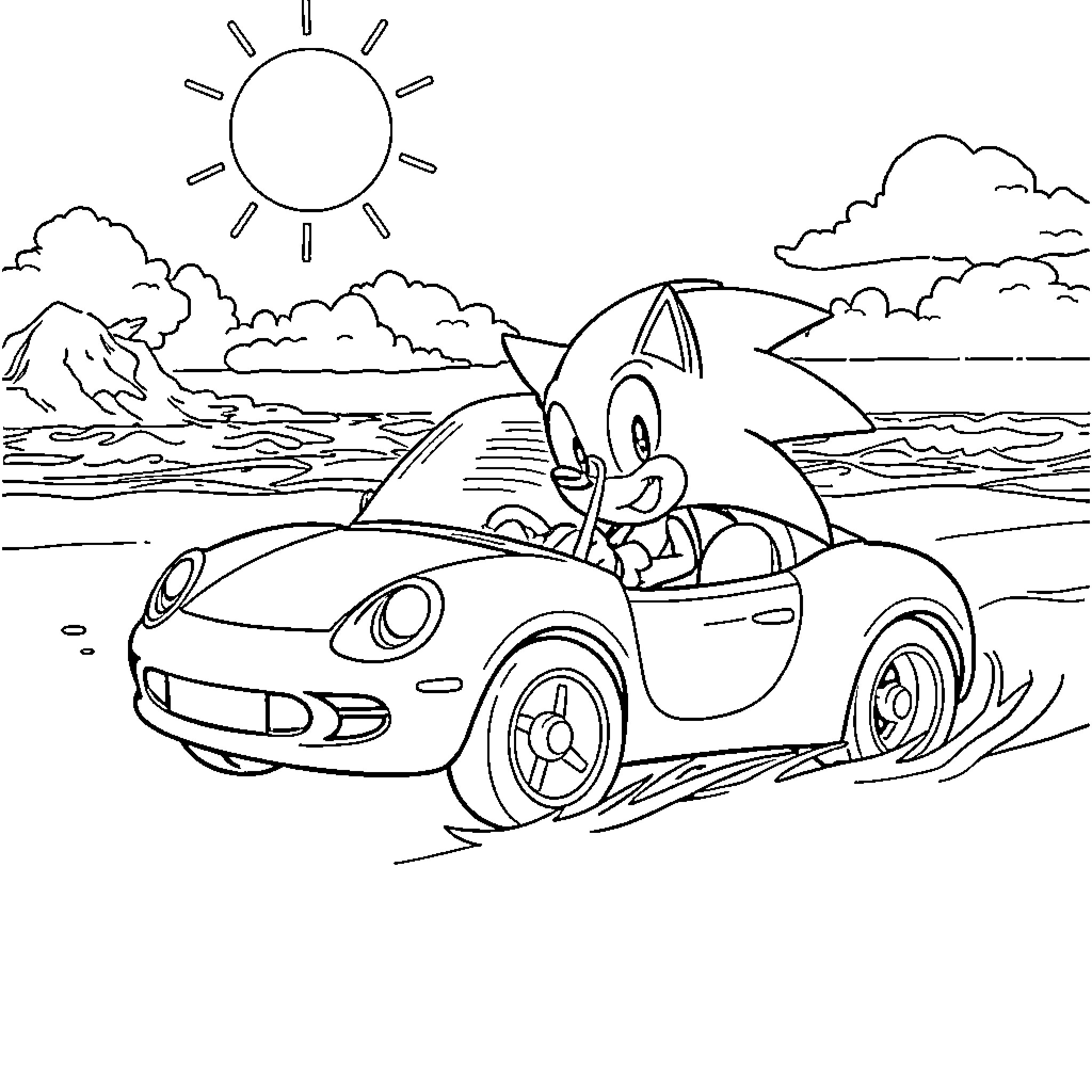 Sonic driving a sports car on the beach Coloring Page (free black-and-white line drawing printable PDF for all, from beginners to advanced learners, including children, teens, adults, and seniors)