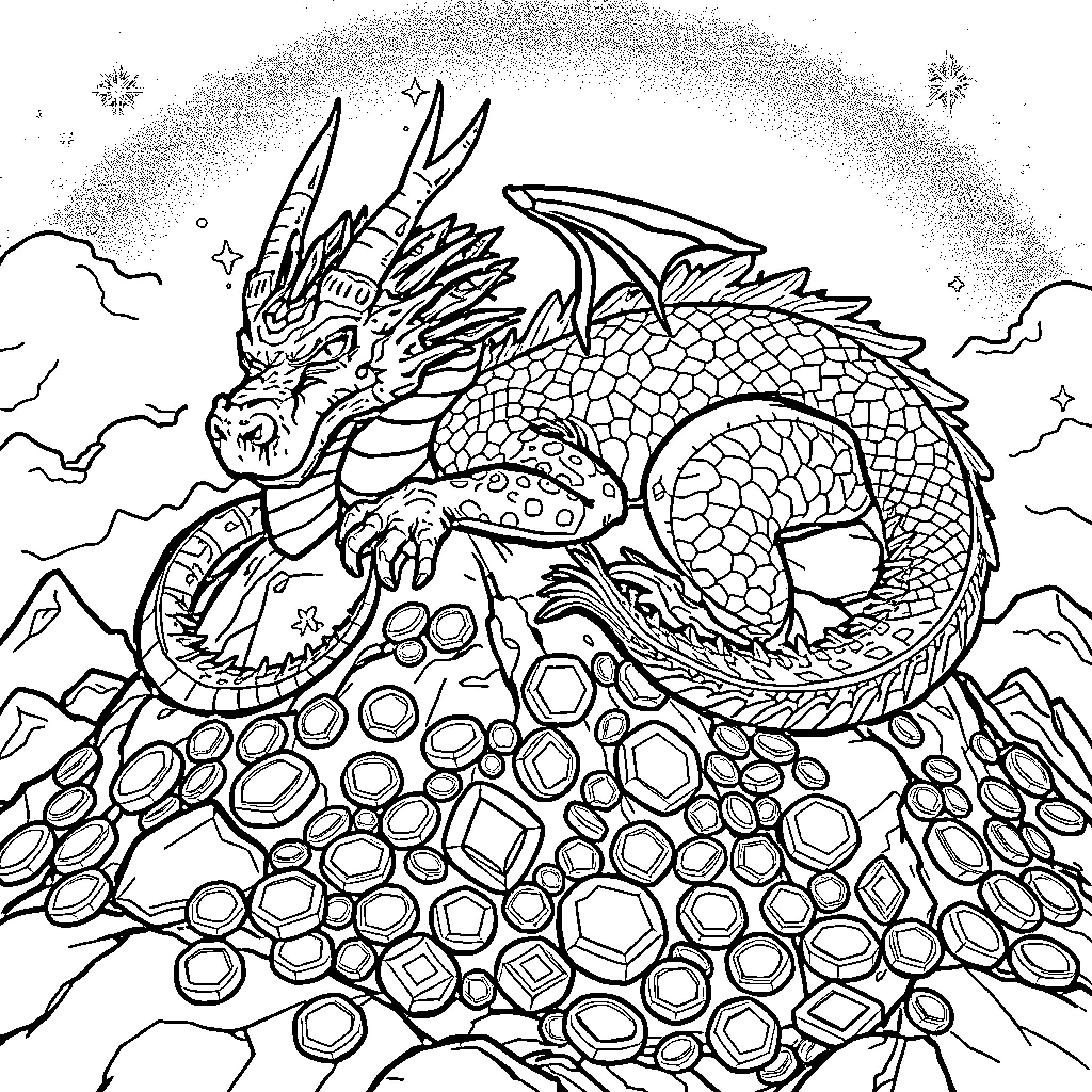 Dragon guarding its precious treasure in the sky Coloring Page (free black-and-white line drawing printable PDF for all, from beginners to advanced learners, including children, teens, adults, and seniors)