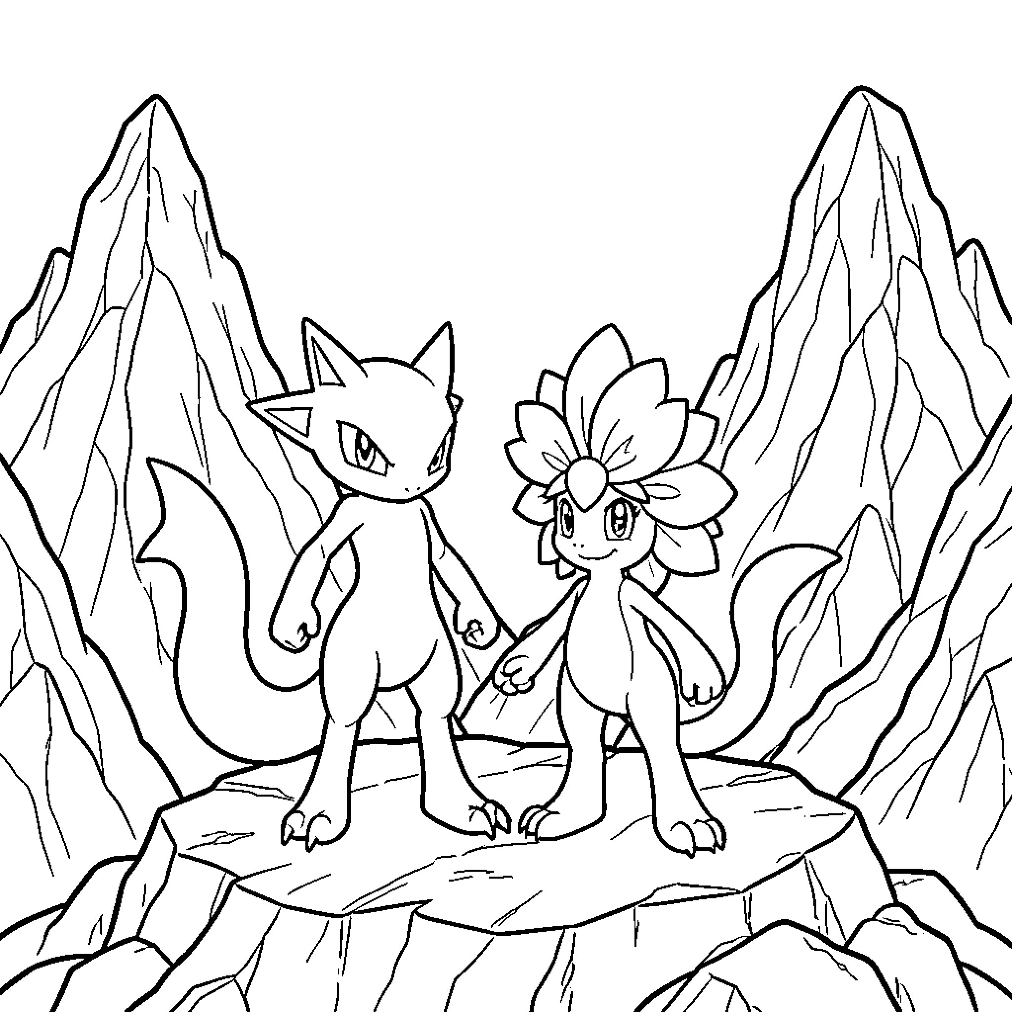Mewtwo and its Companion Exploring the Mountainous Terrain Coloring Page (free black-and-white line drawing printable PDF for all, from beginners to advanced learners, including children, teens, adults, and seniors)