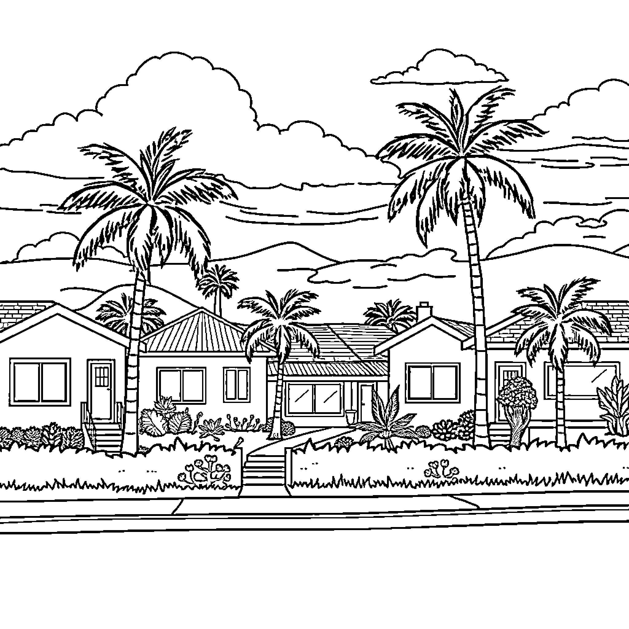 Suburb with tropical palm trees and beach houses Coloring Page (free black-and-white line drawing printable PDF for all, from beginners to advanced learners, including children, teens, adults, and seniors)
