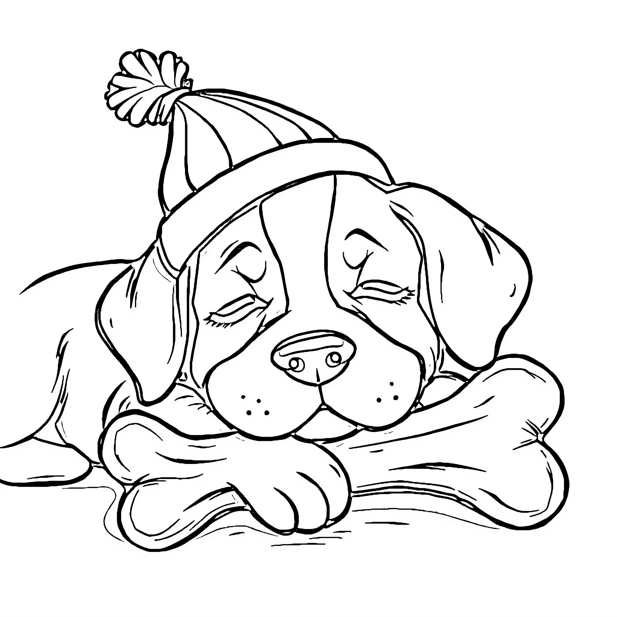 Dog resting peacefully with hat Coloring Page (free black-and-white line drawing printable PDF for all, from beginners to advanced learners, including children, teens, adults, and seniors)