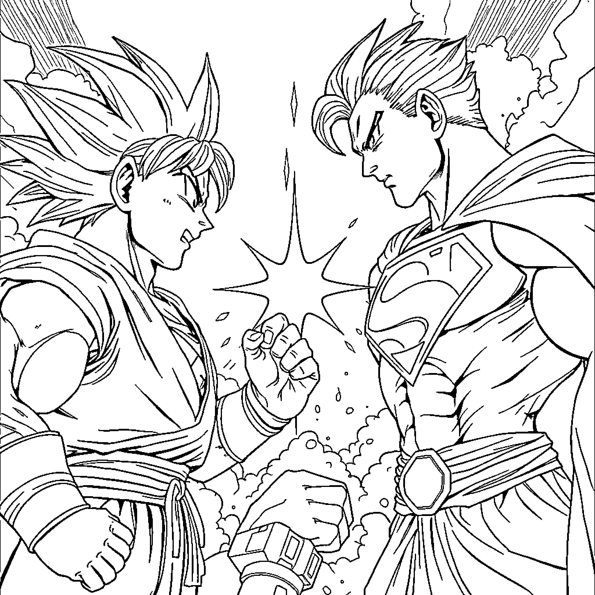 Goku and Vegeta in Epic Clash Coloring Page (free black-and-white line drawing printable PDF for all, from beginners to advanced learners, including children, teens, adults, and seniors)