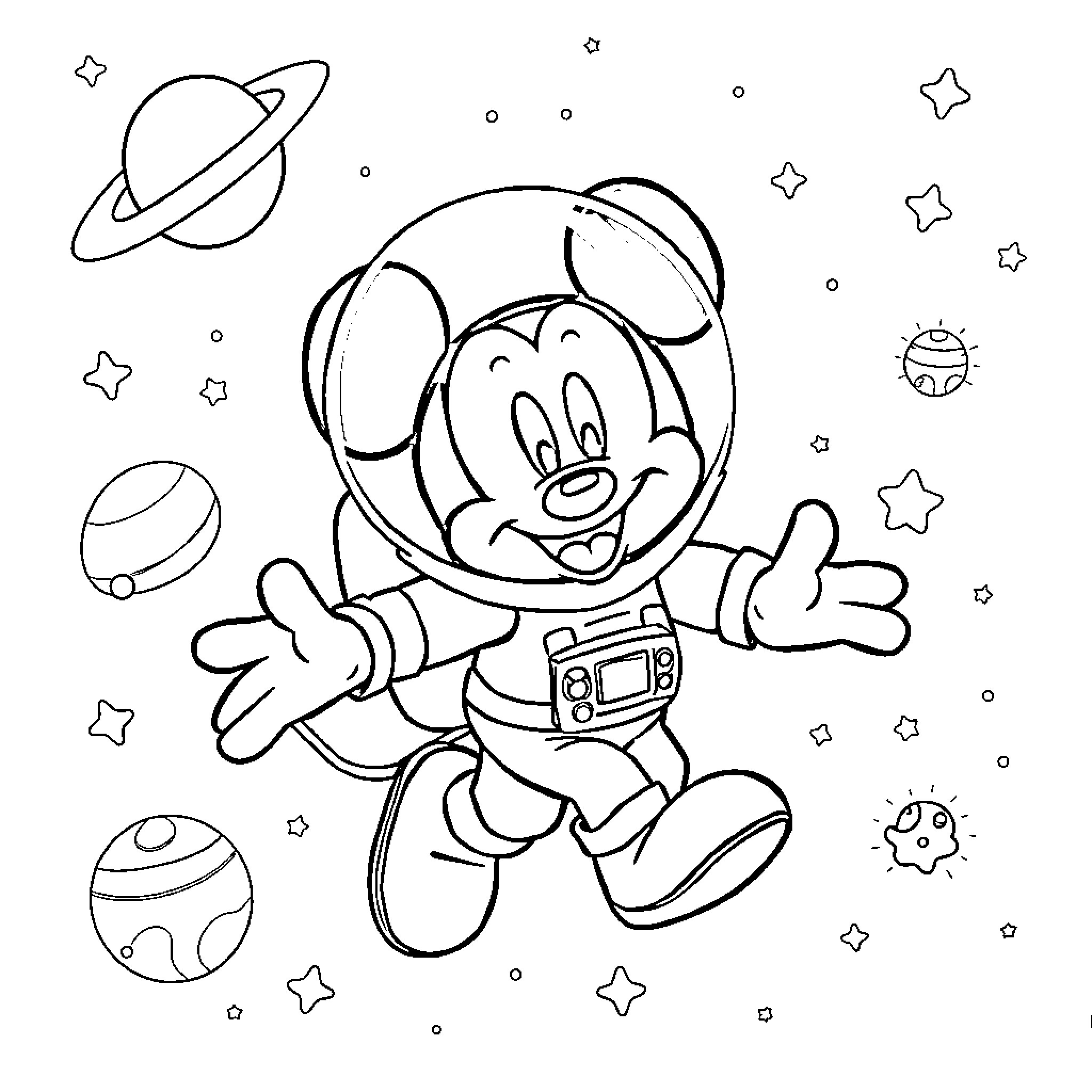 Mickey Mouse Astronaut in Outer Space Coloring Page (free black-and-white line drawing printable PDF for all, from beginners to advanced learners, including children, teens, adults, and seniors)