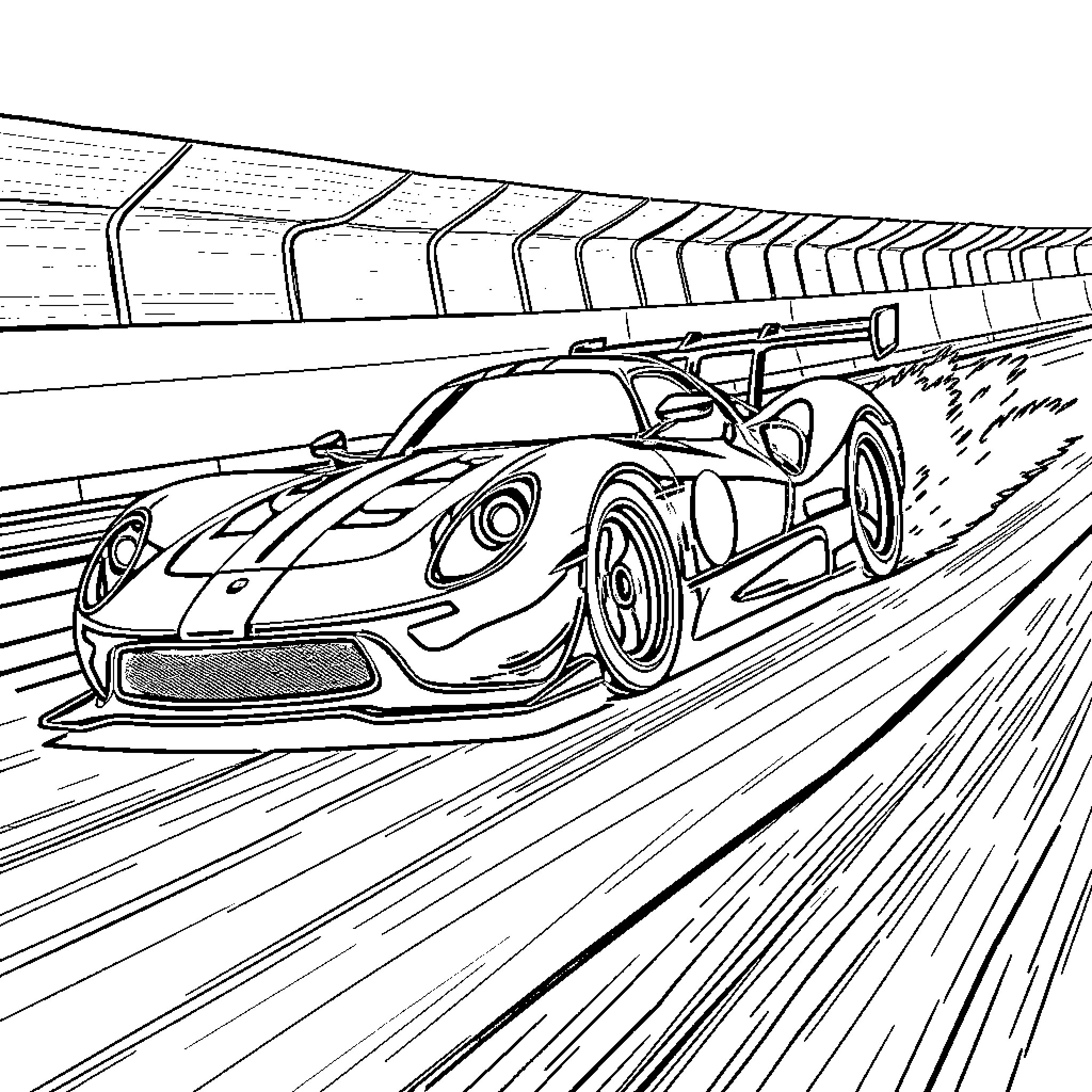 Racing Car in High-Speed Action on the Track Coloring Page (free black-and-white line drawing printable PDF for all, from beginners to advanced learners, including children, teens, adults, and seniors)