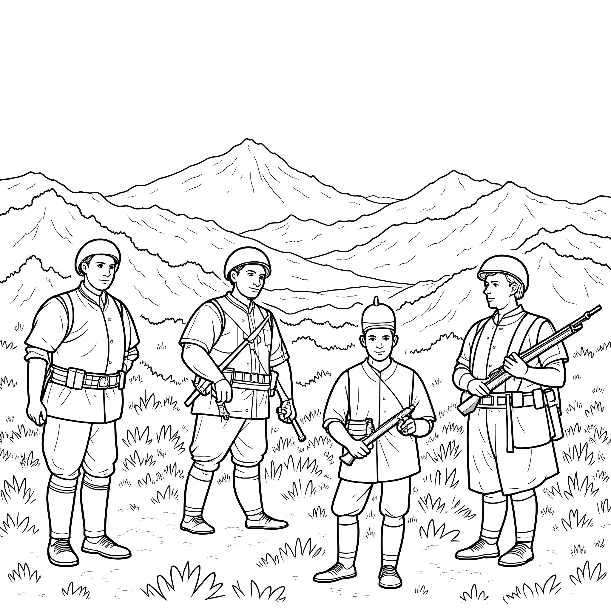 Taranaki War: Soldiers in combat gear amidst rugged terrain Coloring Page (free black-and-white line drawing printable PDF for all, from beginners to advanced learners, including children, teens, adults, and seniors)