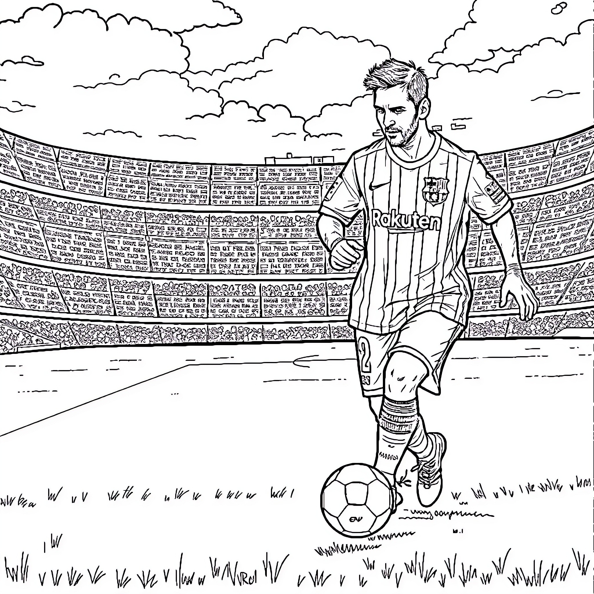 Messi playing football in the stadium Coloring Page (free black-and-white line drawing printable PDF for all, from beginners to advanced learners, including children, teens, adults, and seniors)