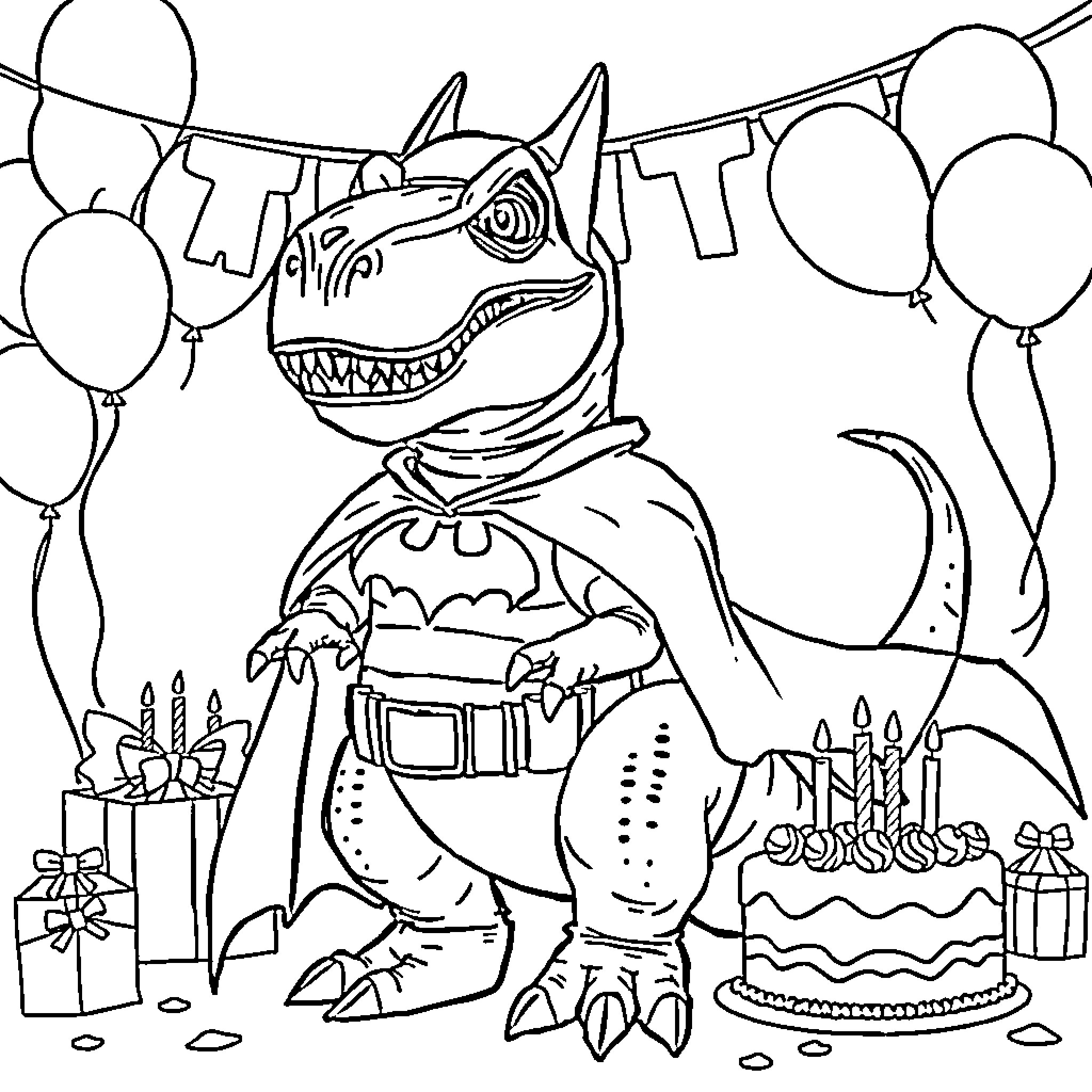 T-Rex celebrating birthday with balloons and cake Coloring Page (free black-and-white line drawing printable PDF for all, from beginners to advanced learners, including children, teens, adults, and seniors)