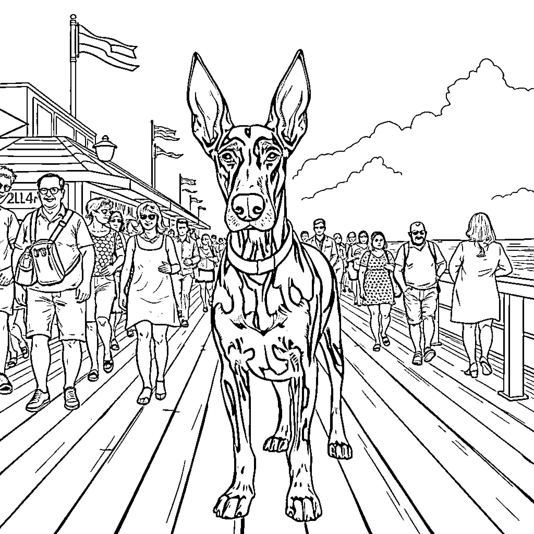 Doberman leading a crowd on a boardwalk Coloring Page (free black-and-white line drawing printable PDF for all, from beginners to advanced learners, including children, teens, adults, and seniors)
