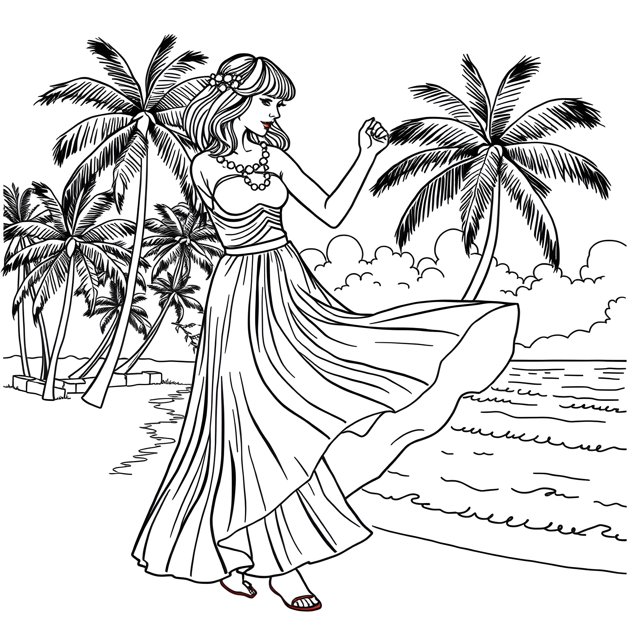 Taylor Swift enjoying a tropical vacation Coloring Page (free black-and-white line drawing printable PDF for all, from beginners to advanced learners, including children, teens, adults, and seniors)