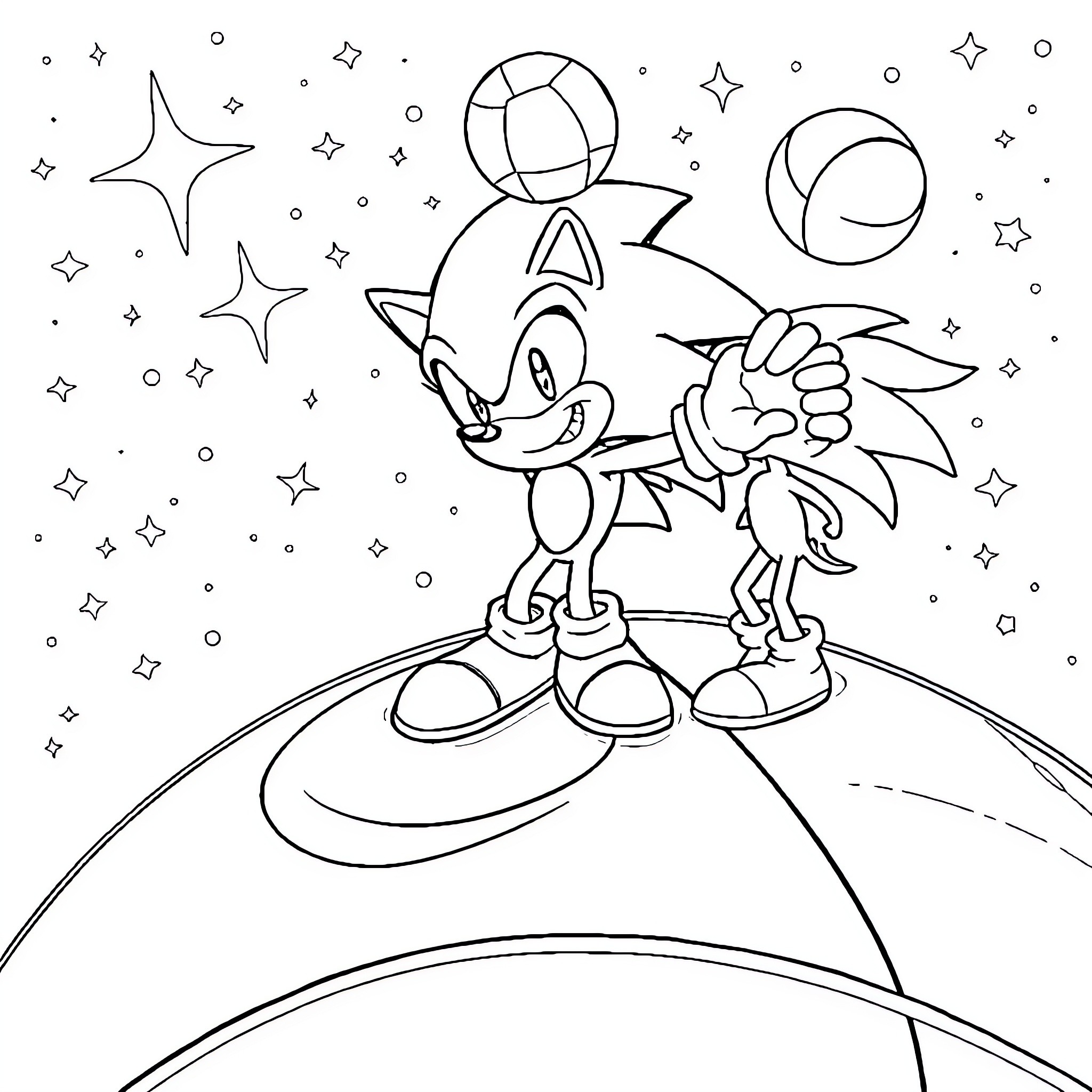 Sonic the Hedgehog exploring the cosmic space Coloring Page (free black-and-white line drawing printable PDF for all, from beginners to advanced learners, including children, teens, adults, and seniors)