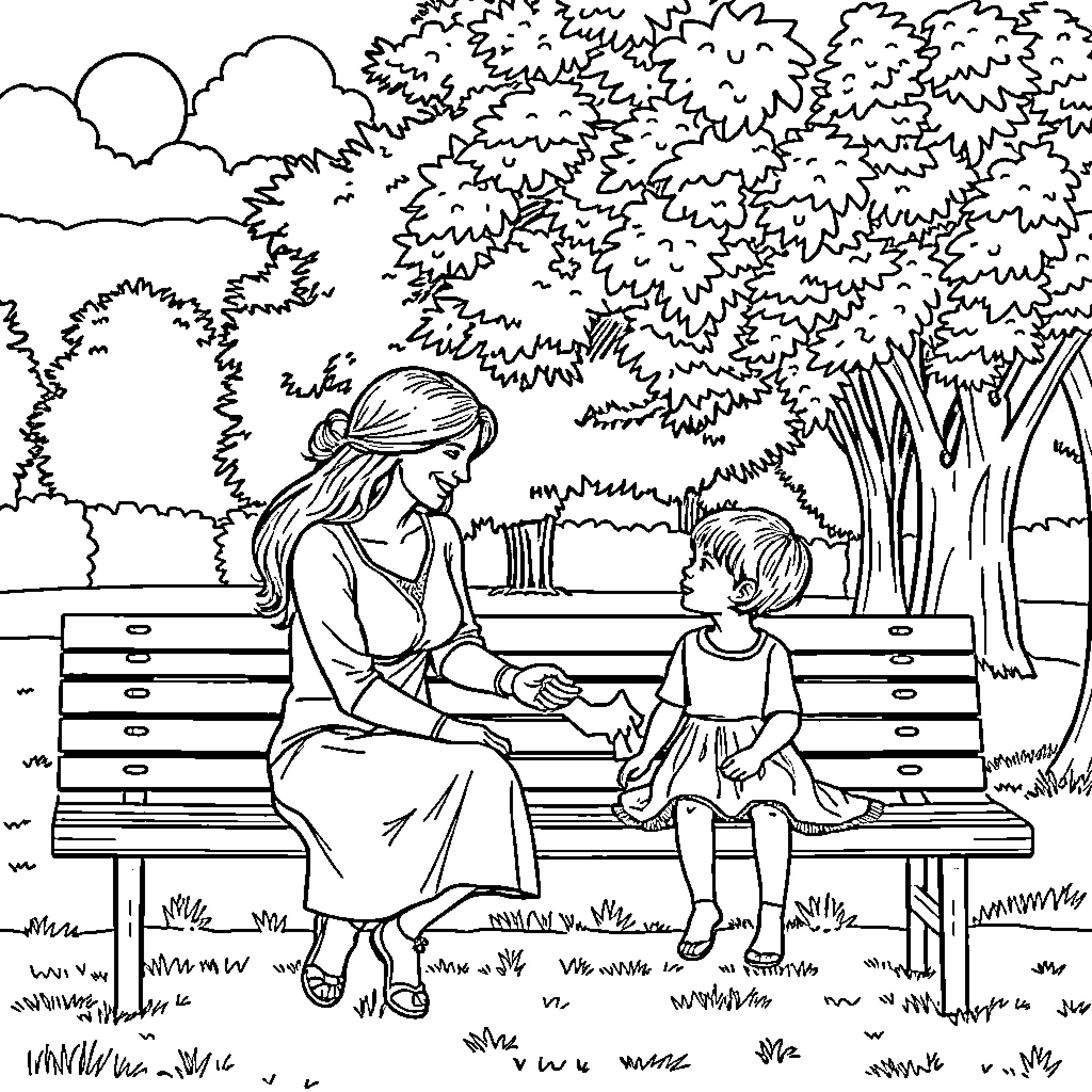 Mother and child resting on a park bench Coloring Page (free black-and-white line drawing printable PDF for all, from beginners to advanced learners, including children, teens, adults, and seniors)