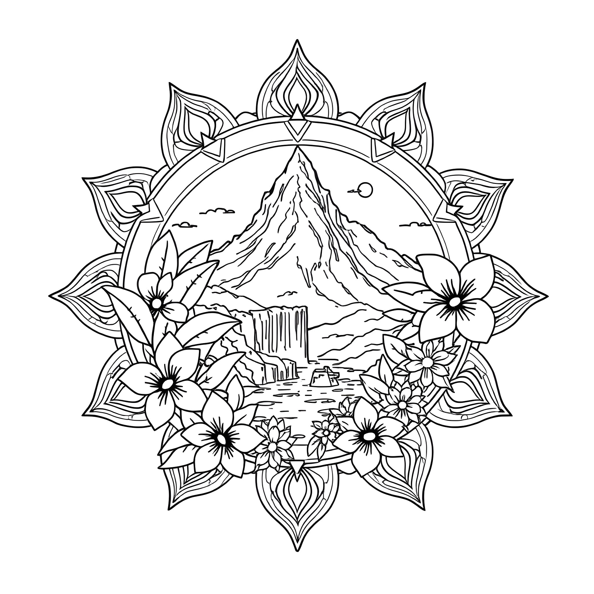 Mandala with mountain landscape and floral elements Coloring Page (free black-and-white line drawing printable PDF for all, from beginners to advanced learners, including children, teens, adults, and seniors)