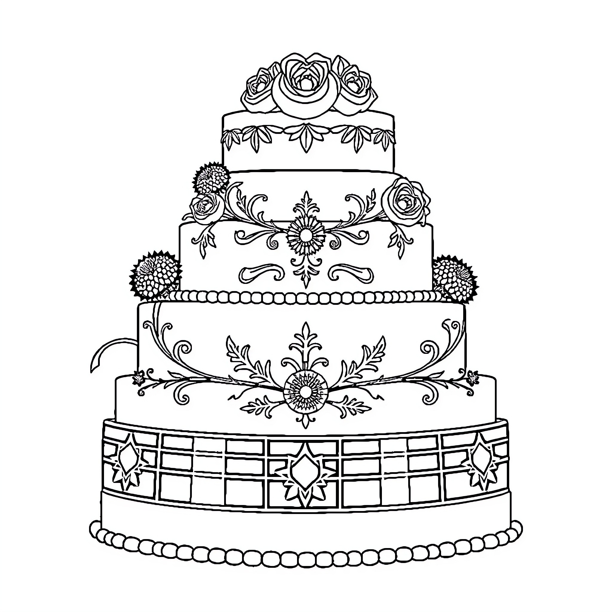 Wedding Cake with Ornate Floral Decorations Coloring Page (free black-and-white line drawing printable PDF for all, from beginners to advanced learners, including children, teens, adults, and seniors)