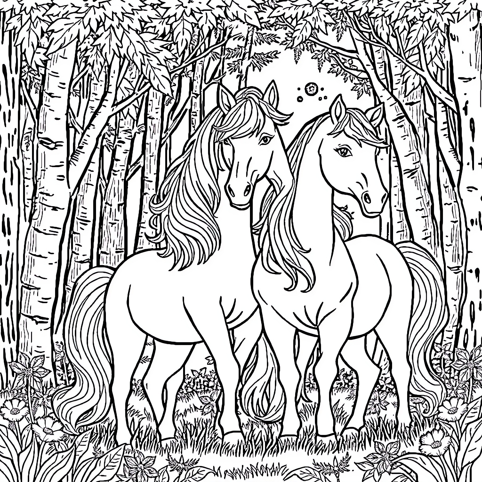 Unicorn Duo in Magical Forest Coloring Page (free black-and-white line drawing printable PDF for all, from beginners to advanced learners, including children, teens, adults, and seniors)