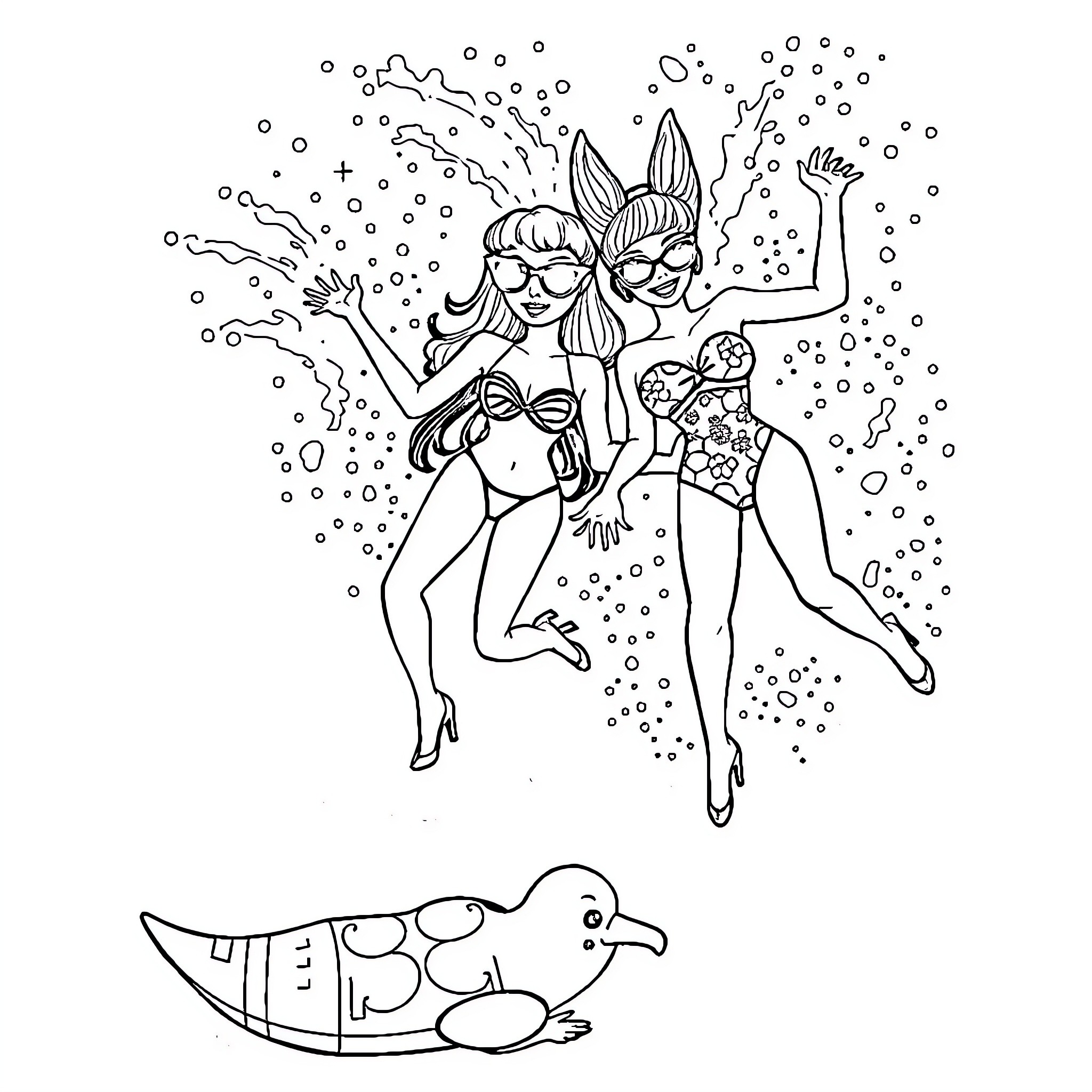 Swimming Pool Party with Underwater Mermaids Coloring Page (free black-and-white line drawing printable PDF for all, from beginners to advanced learners, including children, teens, adults, and seniors)