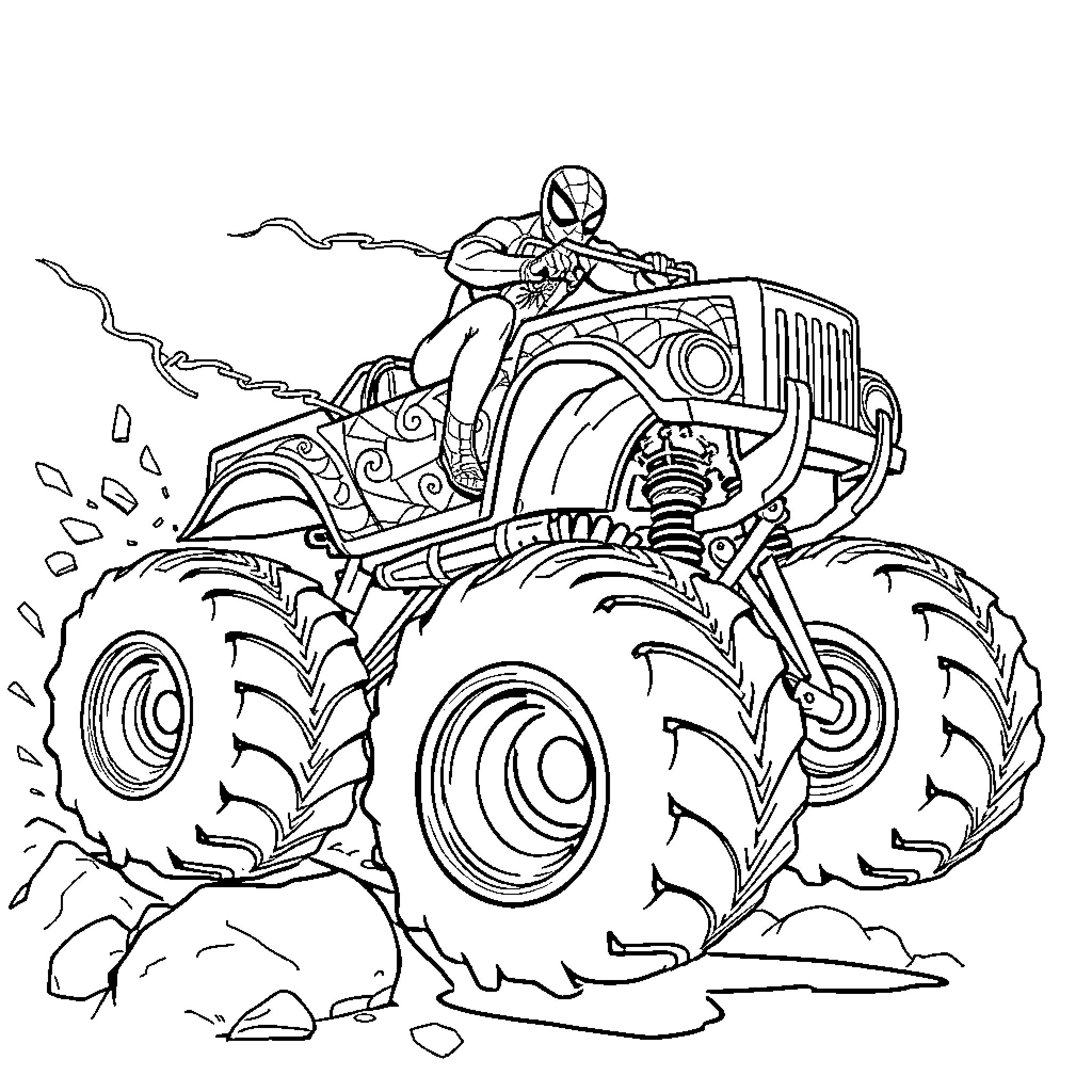 Spiderman riding a powerful Monster Truck Coloring Page (free black-and-white line drawing printable PDF for all, from beginners to advanced learners, including children, teens, adults, and seniors)