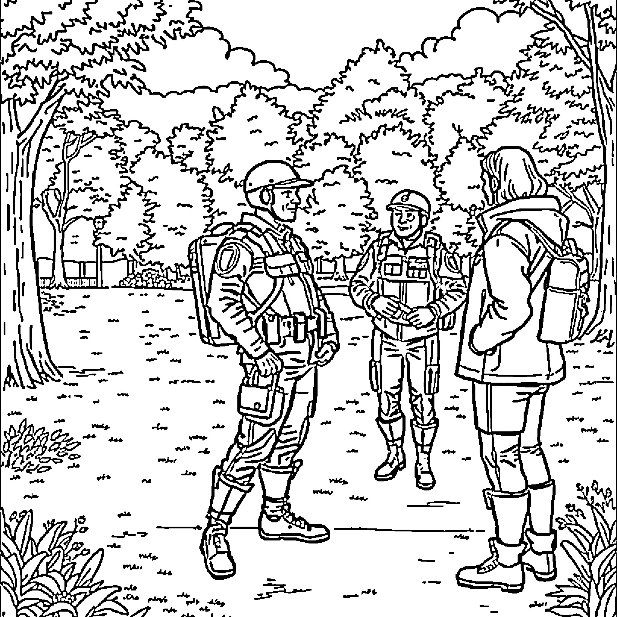 Gaby's Outdoor Adventure with Uniformed Companions Coloring Page (free black-and-white line drawing printable PDF for all, from beginners to advanced learners, including children, teens, adults, and seniors)