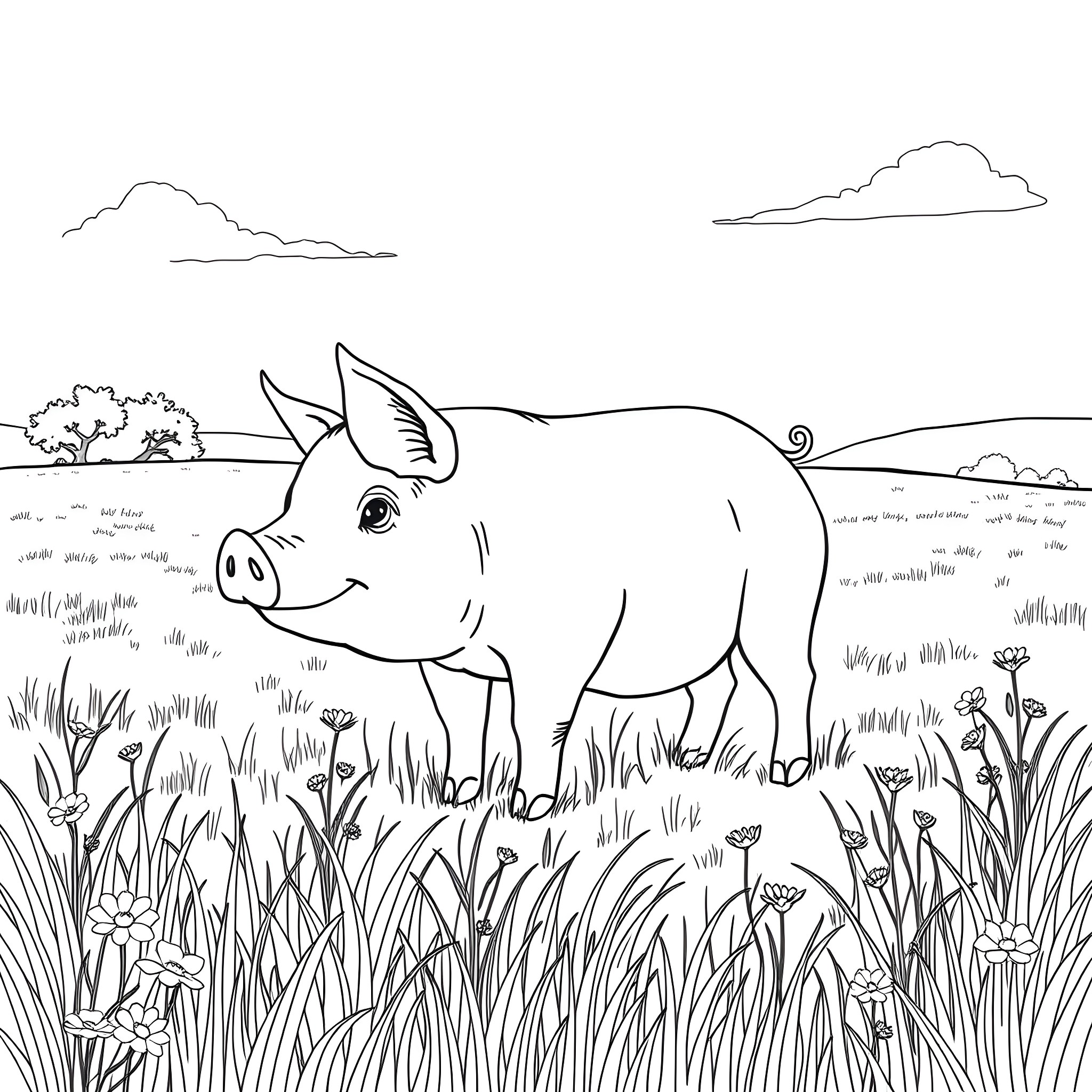 Pig grazing peacefully in a meadow Coloring Page (free black-and-white line drawing printable PDF for all, from beginners to advanced learners, including children, teens, adults, and seniors)