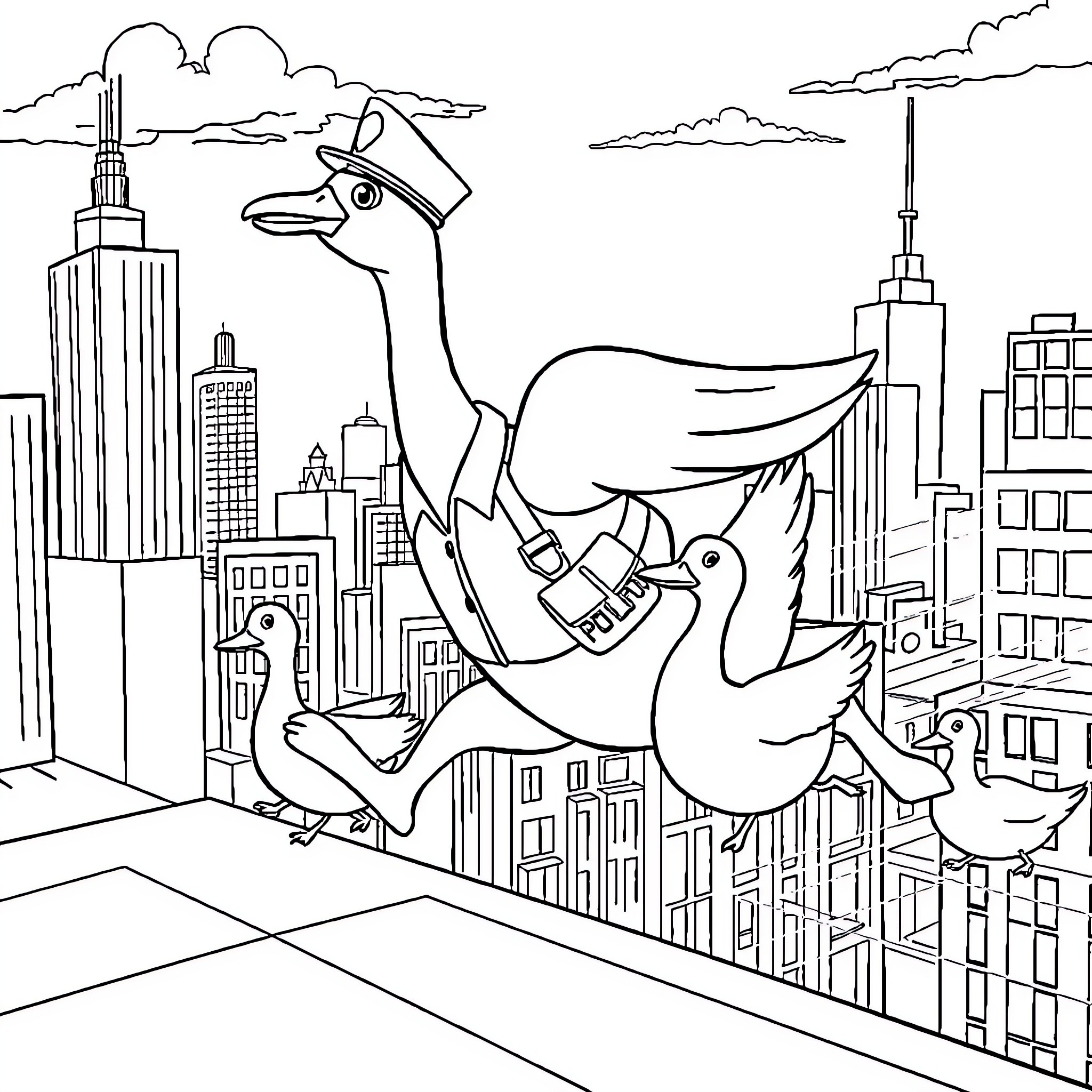 Goose flying over city skyline Coloring Page (free black-and-white line drawing printable PDF for all, from beginners to advanced learners, including children, teens, adults, and seniors)