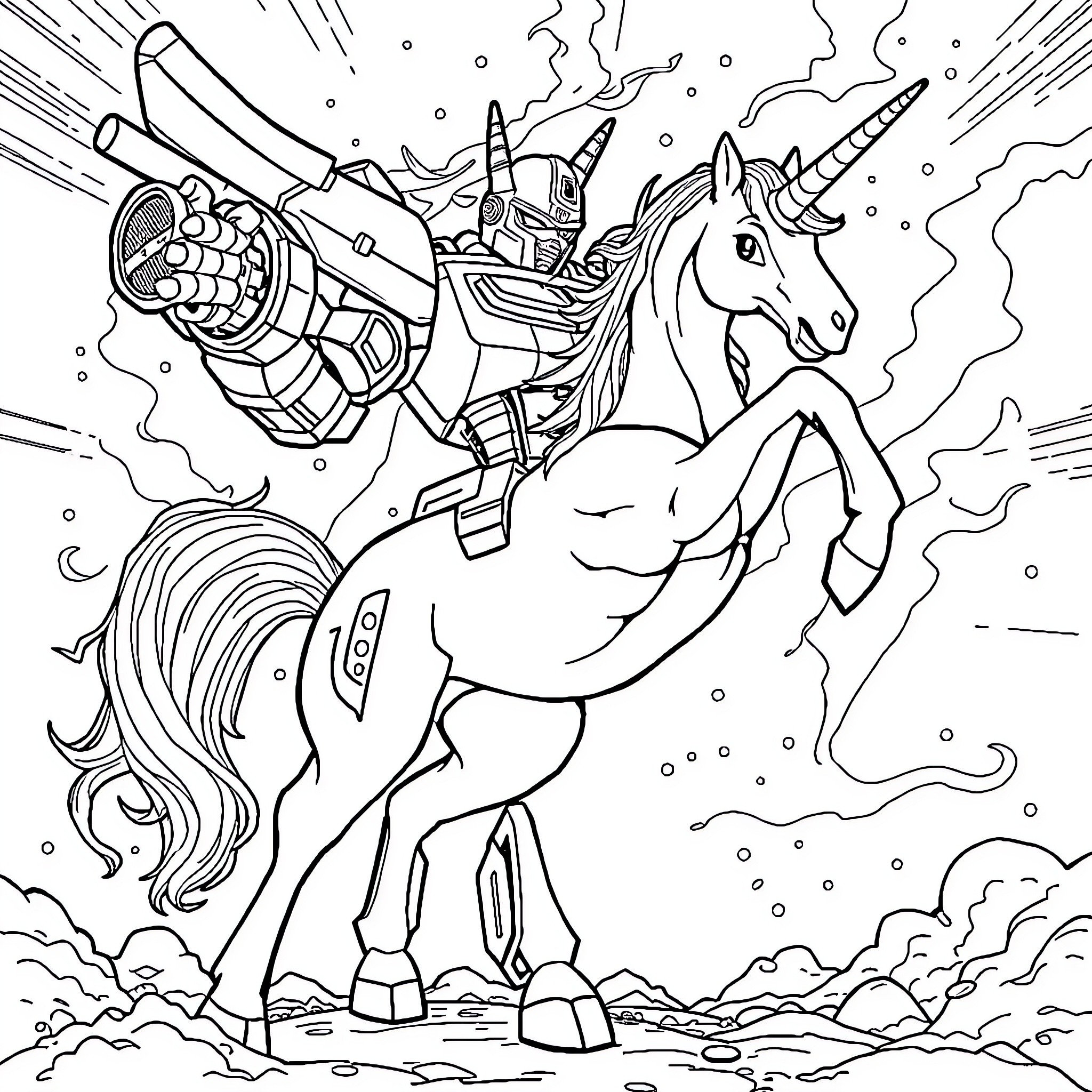 Unicorn Warrior Riding into Battle Coloring Page (free black-and-white line drawing printable PDF for all, from beginners to advanced learners, including children, teens, adults, and seniors)
