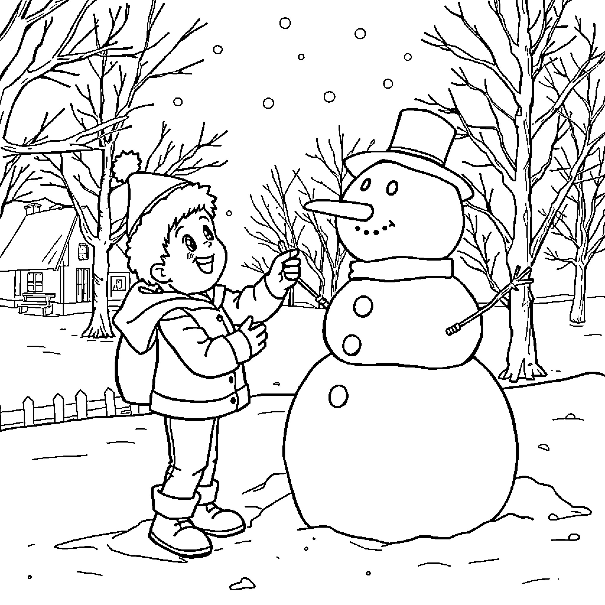 Peter builds a snowman on a snowy winter day Coloring Page (free black-and-white line drawing printable PDF for all, from beginners to advanced learners, including children, teens, adults, and seniors)