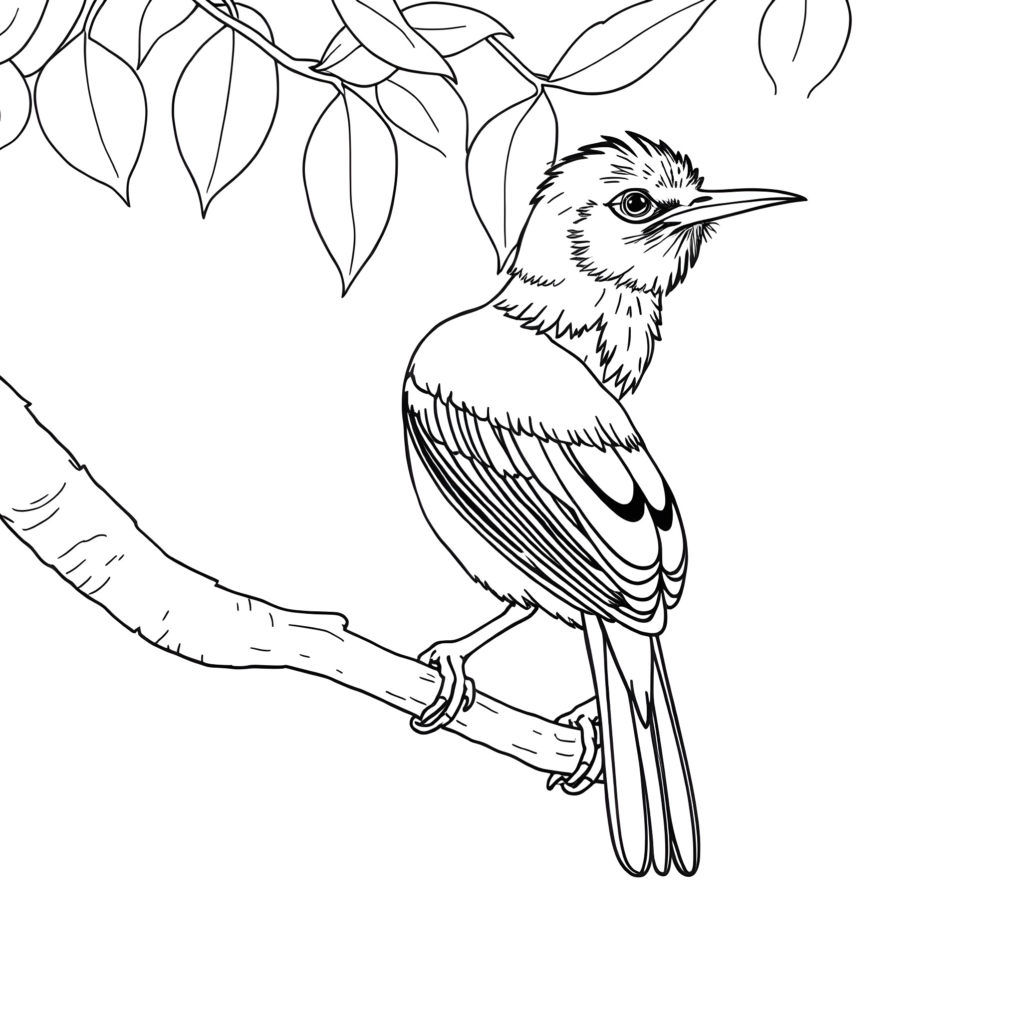 Oriolus bird perching on branch with leaves Coloring Page (free black-and-white line drawing printable PDF for all, from beginners to advanced learners, including children, teens, adults, and seniors)