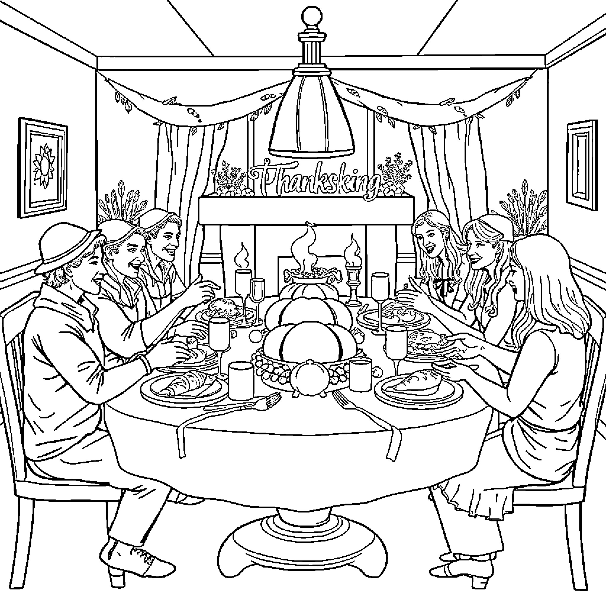 Thanksgiving Family Gathering Around the Table Coloring Page (free black-and-white line drawing printable PDF for all, from beginners to advanced learners, including children, teens, adults, and seniors)