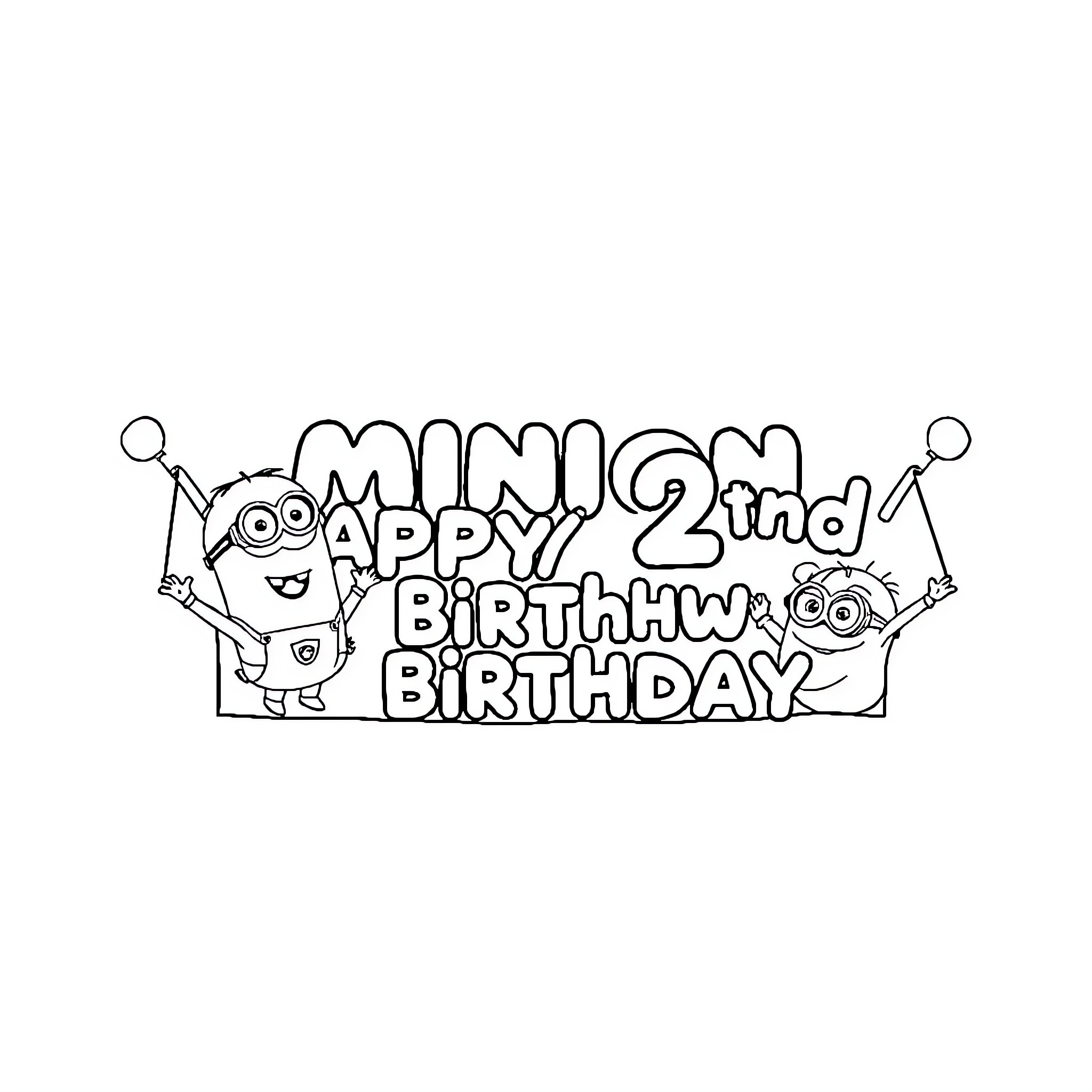 Minions celebrating a 2nd birthday Coloring Page (free black-and-white line drawing printable PDF for all, from beginners to advanced learners, including children, teens, adults, and seniors)
