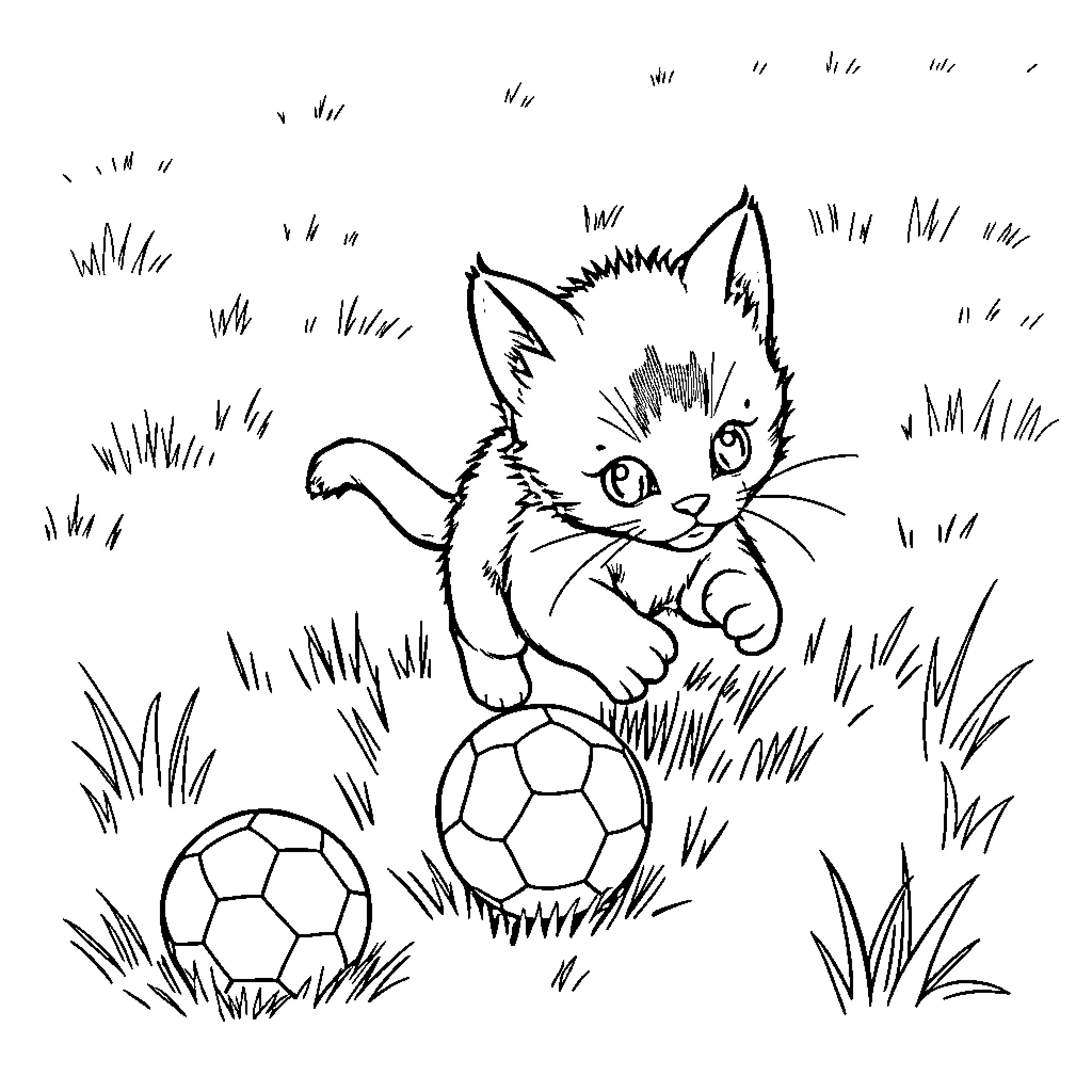 Kitten playing with soccer balls in the grass Coloring Page (free black-and-white line drawing printable PDF for all, from beginners to advanced learners, including children, teens, adults, and seniors)