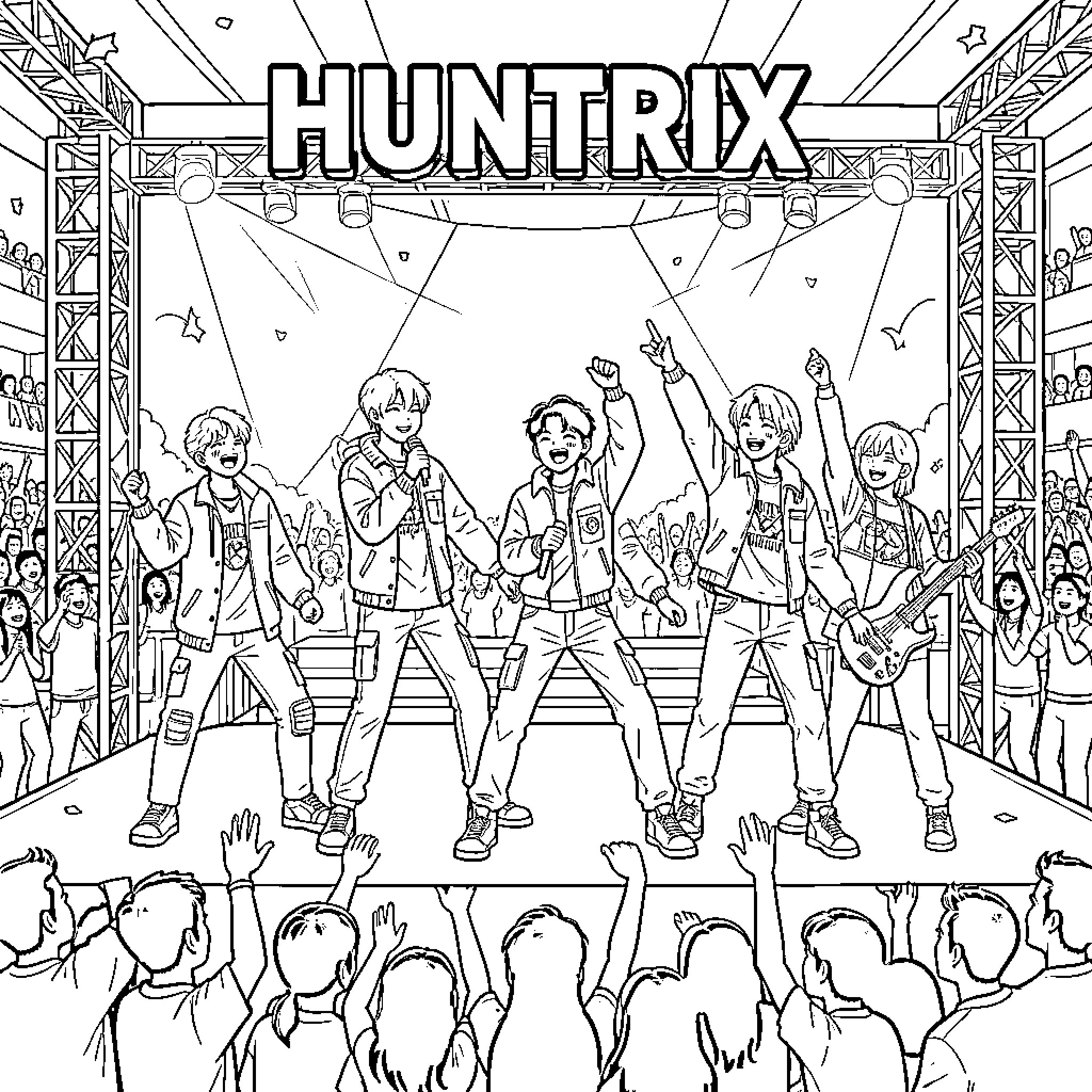 Huntrix boy band performing energetically on a concert stage Coloring Page (free black-and-white line drawing printable PDF for all, from beginners to advanced learners, including children, teens, adults, and seniors)