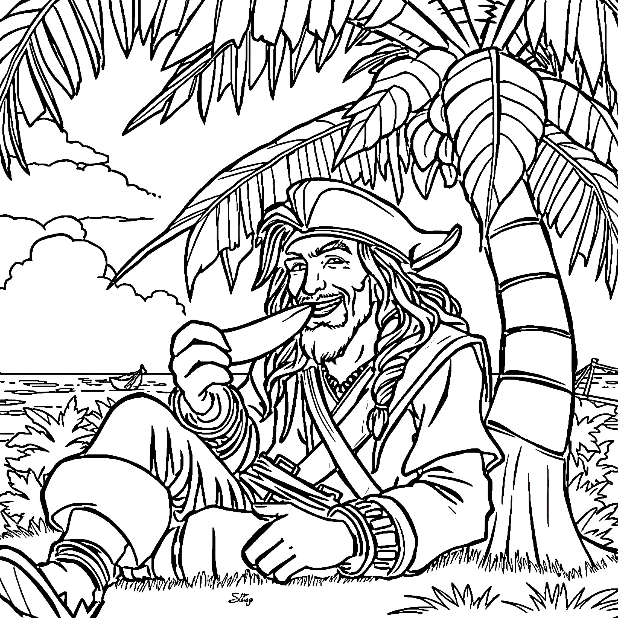 Edward Kenway, the Pirate, Relaxing on a Tropical Beach Coloring Page (free black-and-white line drawing printable PDF for all, from beginners to advanced learners, including children, teens, adults, and seniors)