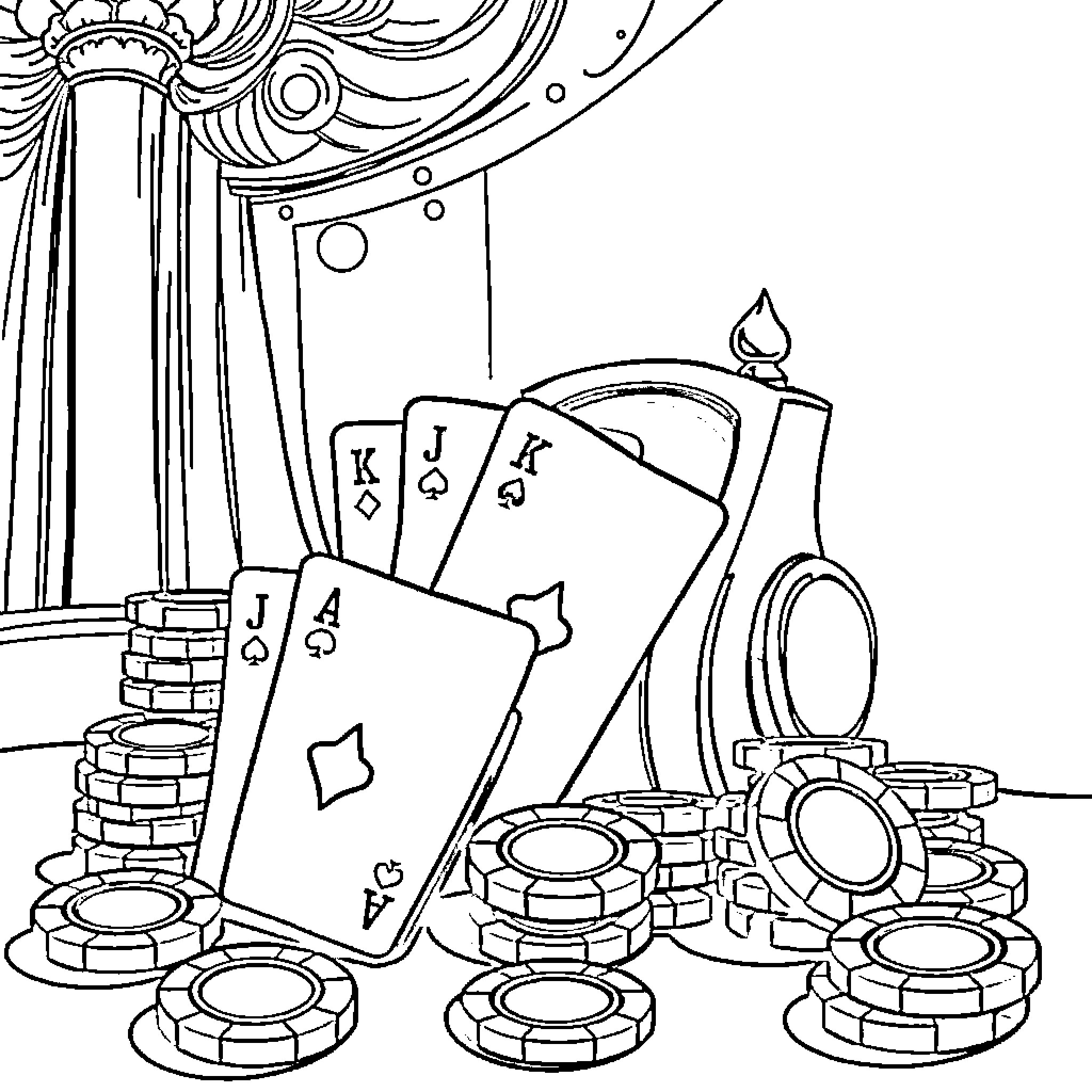 Casino Poker Game with Playing Cards and Chips Coloring Page (free black-and-white line drawing printable PDF for all, from beginners to advanced learners, including children, teens, adults, and seniors)
